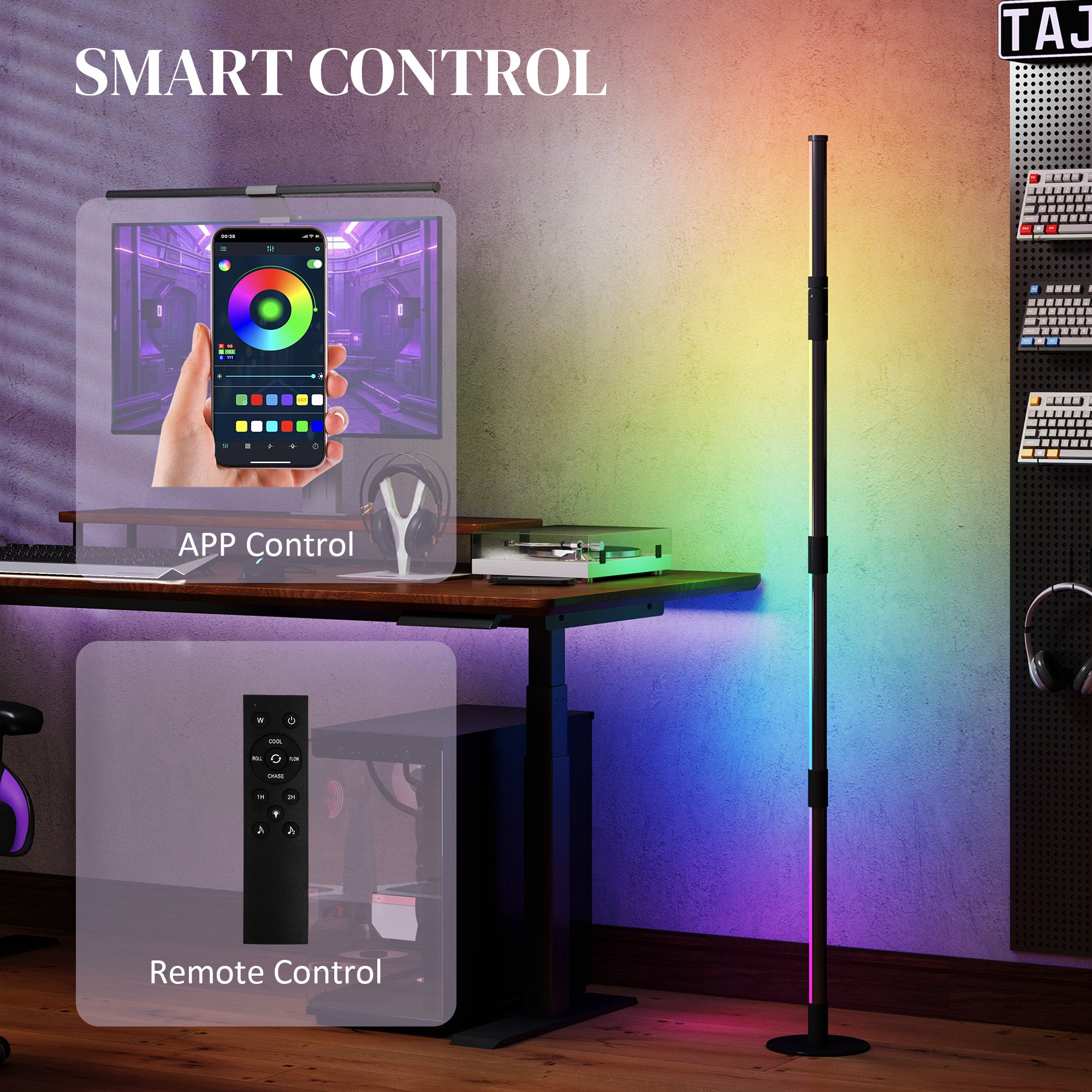 HOMCOM LED Floor Lamp, 360√Ç¬∞ RGB Detachable Corner Floor Lamp with App & Remote Control, Colour Changing Standing Lamp with Music Sync & Timing, for Living Room, Game Room, Dark Grey