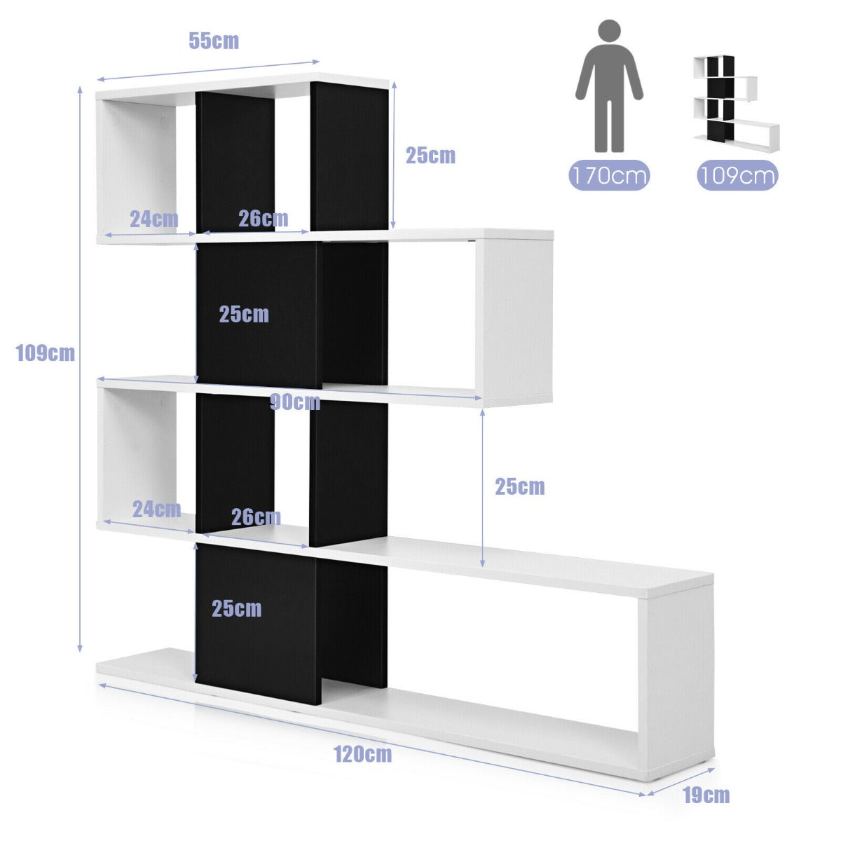 5-Tier Display and Storage Bookshelf for Home and Office-Black and White