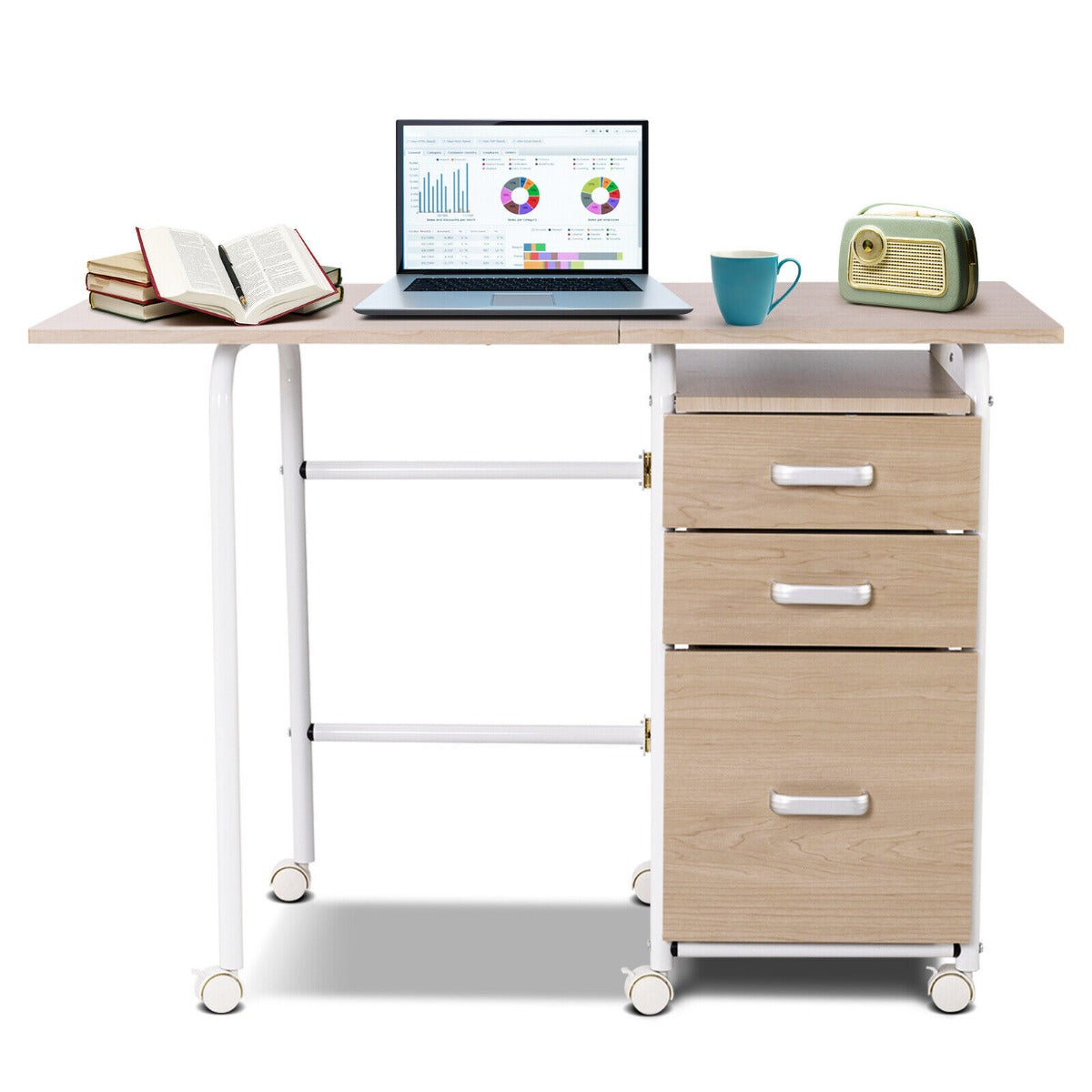 Folding Computer Desk with Rolling Wheels and 3 Drawers for Home Office-Natural