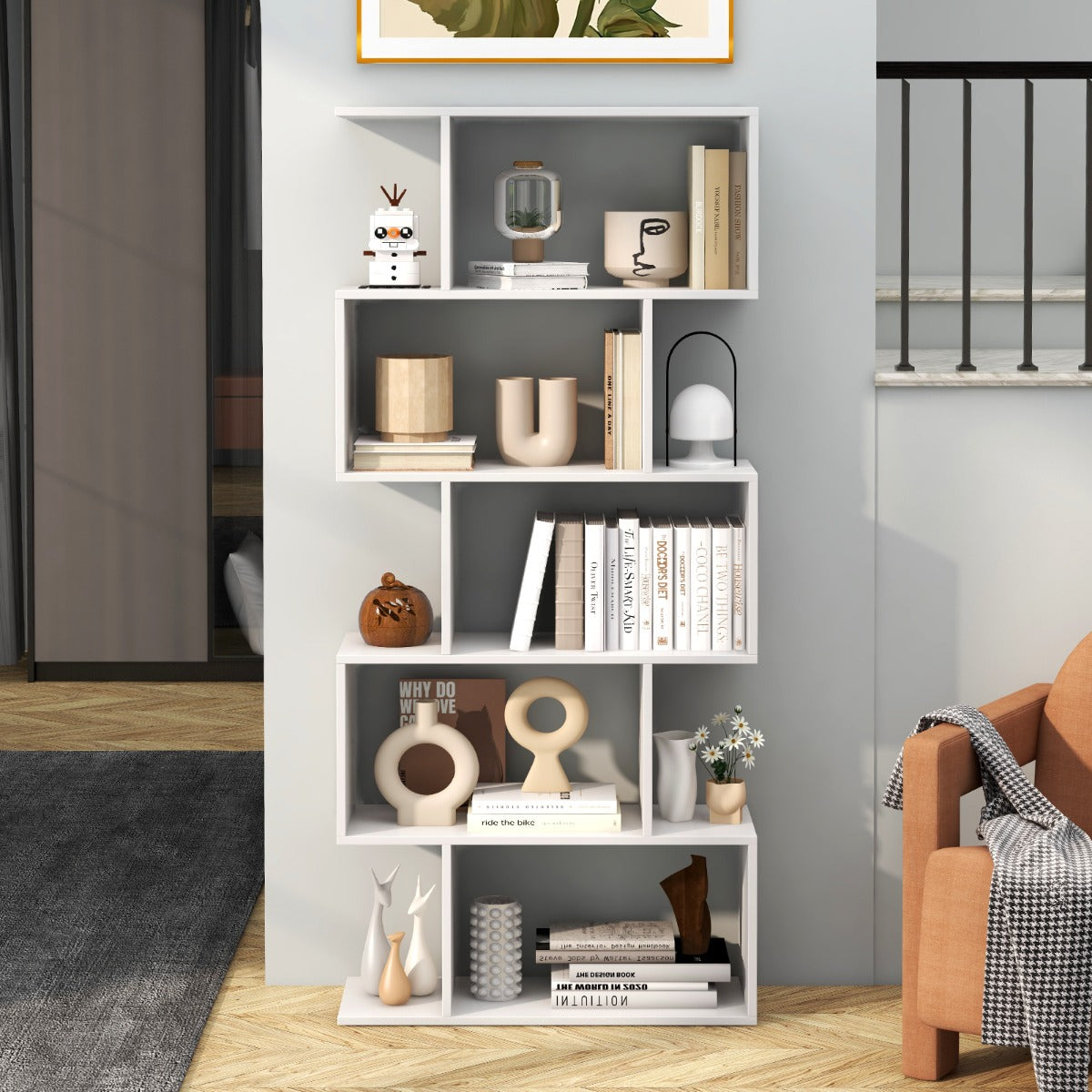 Geometric S-Shaped Bookcase with Anti-Toppling Device for Living Room Home Office-White
