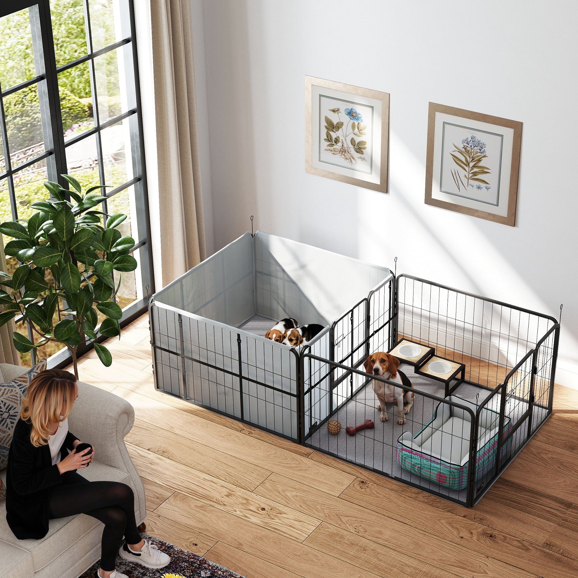 PawHut Seven-Panel Dog Whelping Box, Dog Playpen with Washable Whelping Pads, Wind-Resistant Fabric, for Small and Medium Dogs