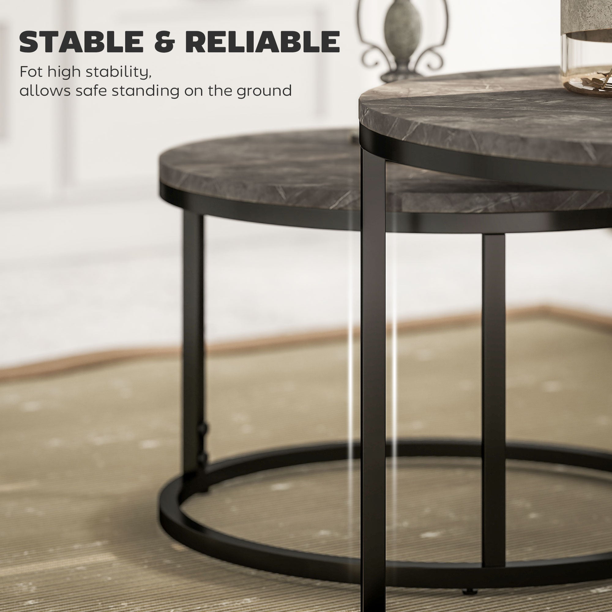 HOMCOM Industrial Nesting Coffee Table Set of 2, Round Coffee Tables, Living Room Table with Faux Marbled Top and Steel Frame