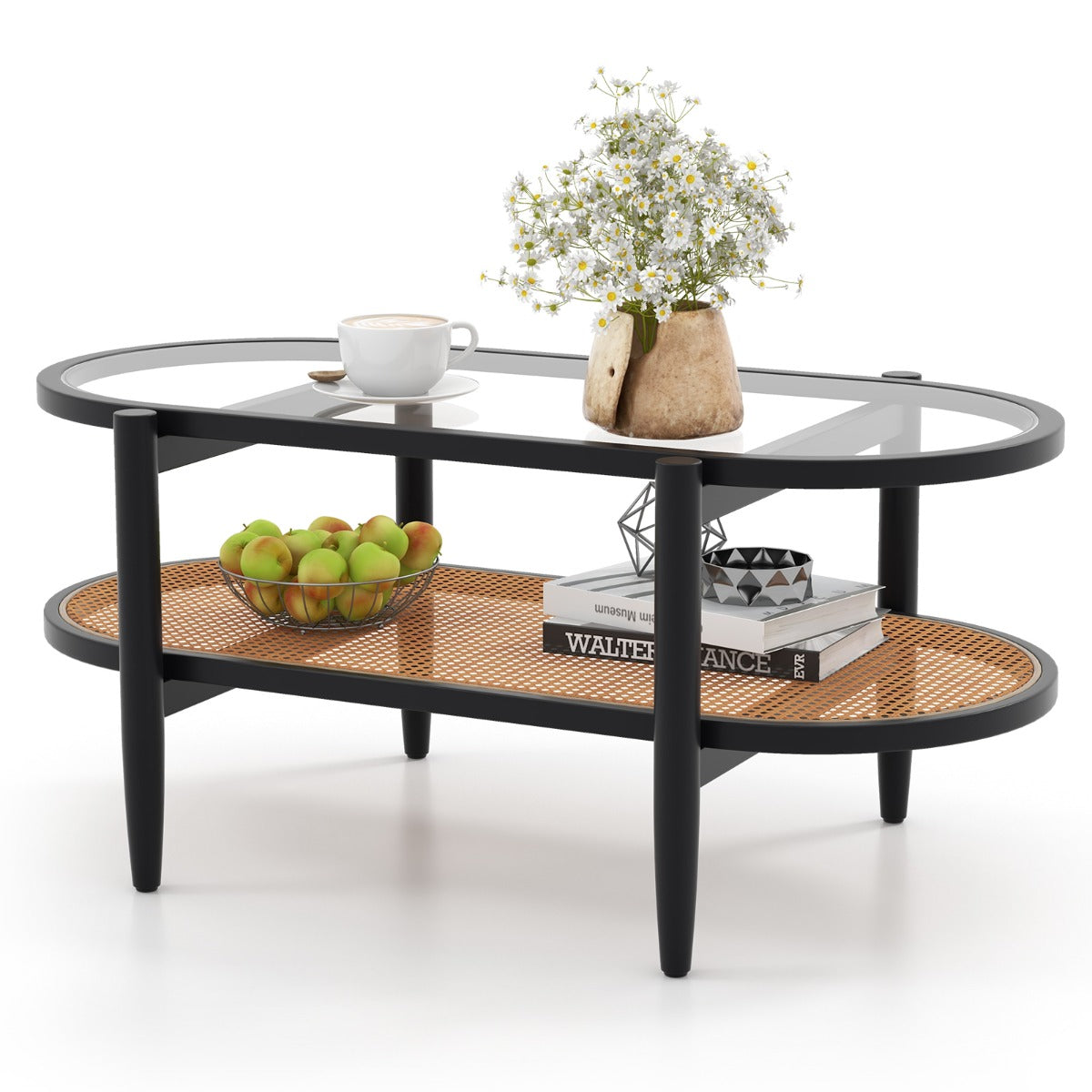 2-Tier PE Rattan Coffee Table with Storage-Black