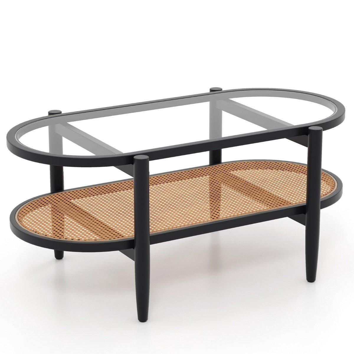 2-Tier PE Rattan Coffee Table with Storage-Black
