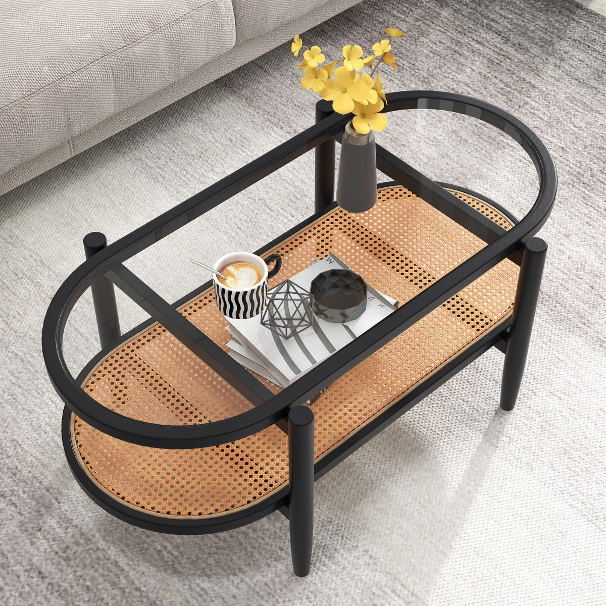 2-Tier PE Rattan Coffee Table with Storage-Black