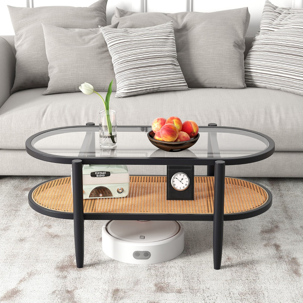 2-Tier PE Rattan Coffee Table with Storage-Black