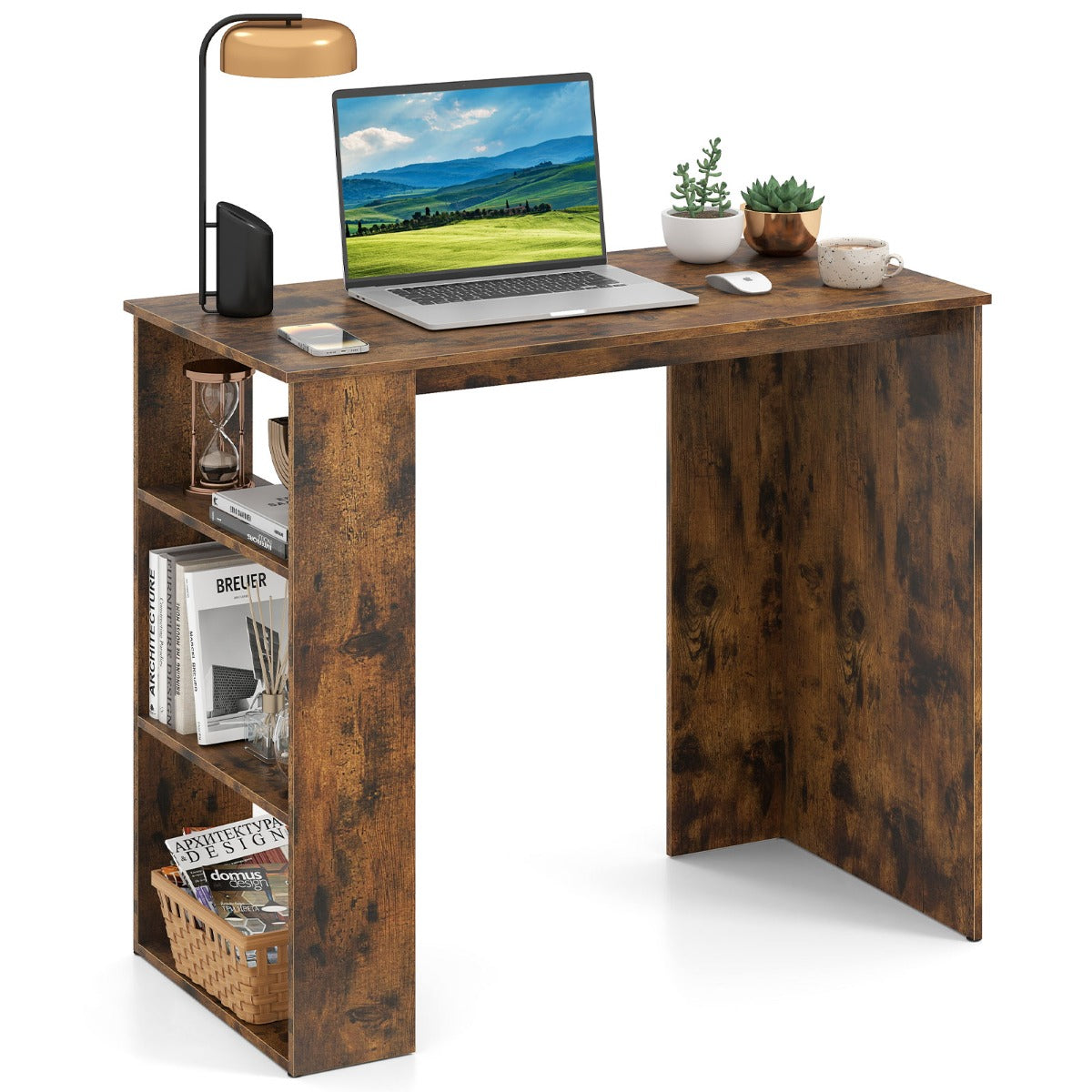 Computer Desk with Bookshelf for Study Living Room-Rustic Brown