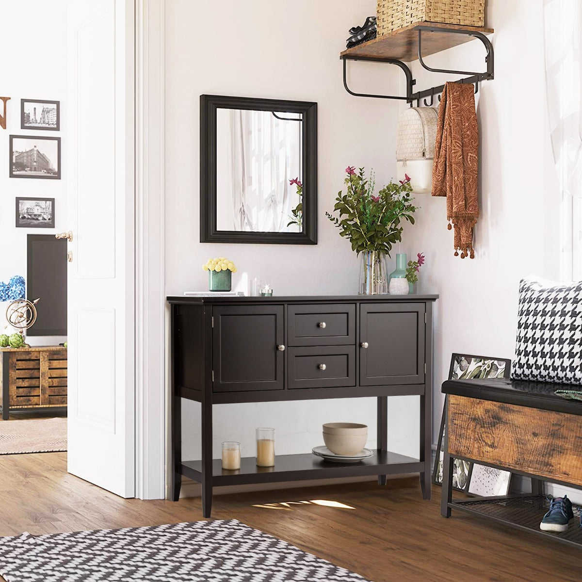 Wooden Buffet Table with Spacious Tabletop and Large Storage Rack-Brown