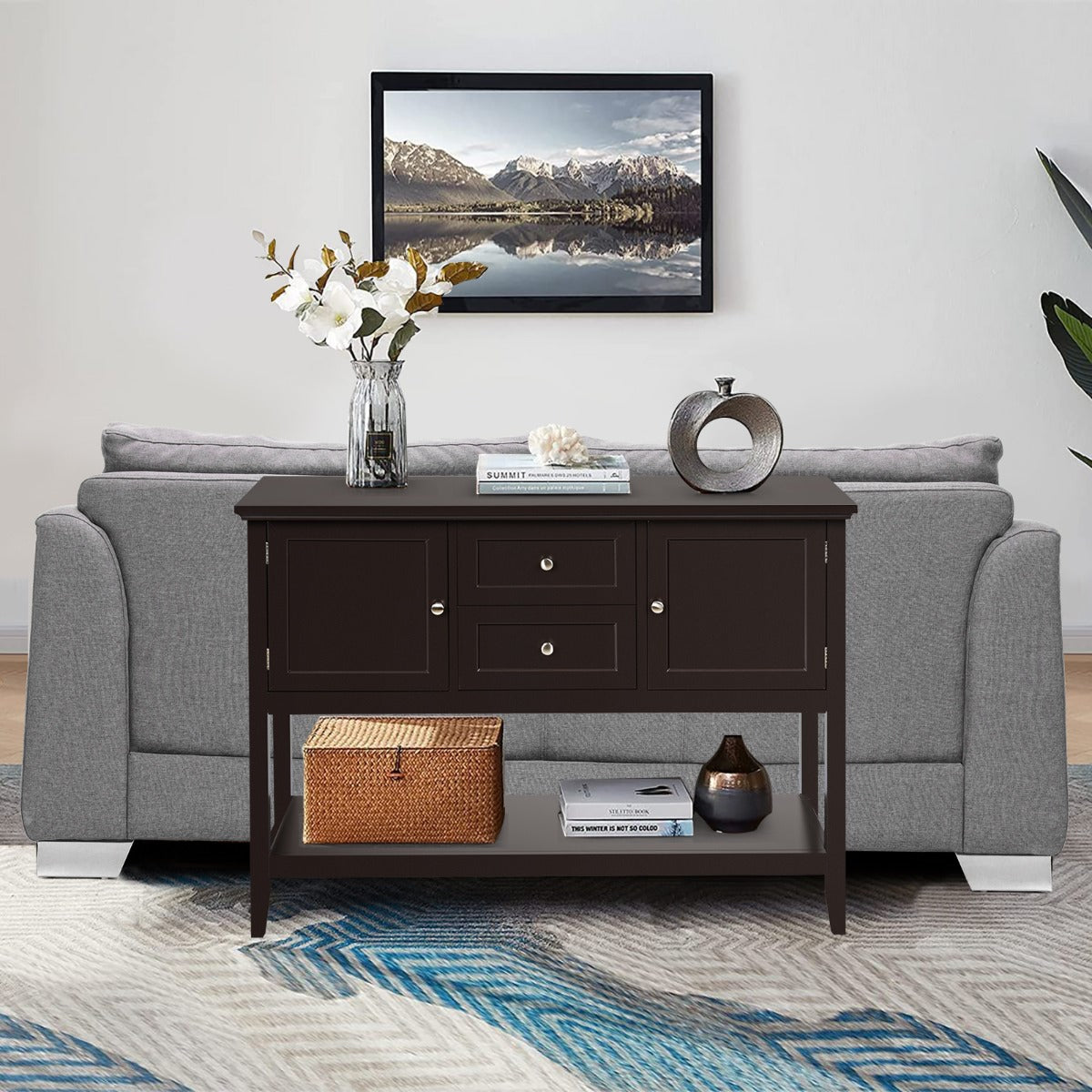 Wooden Buffet Table with Spacious Tabletop and Large Storage Rack-Brown