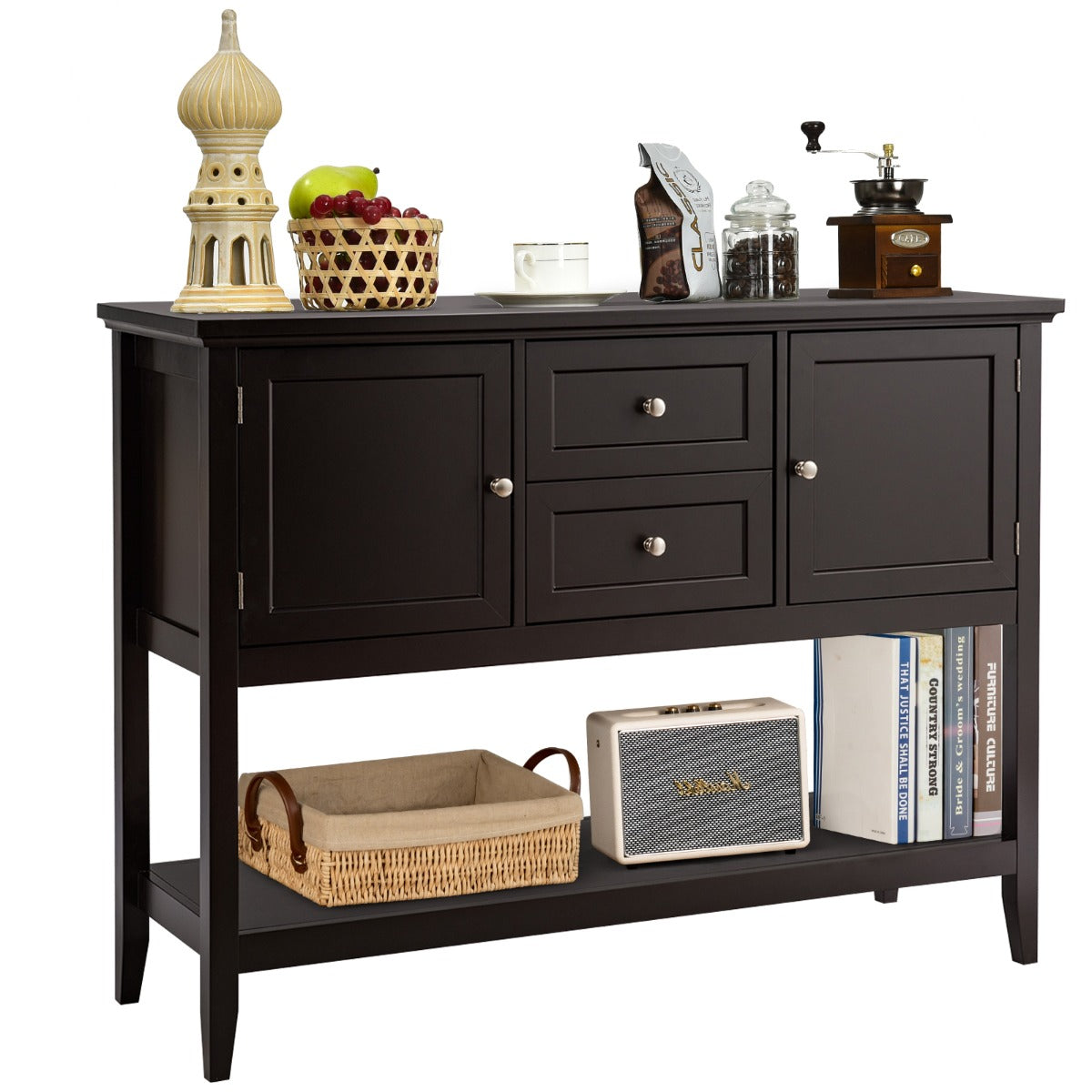 Wooden Buffet Table with Spacious Tabletop and Large Storage Rack-Brown