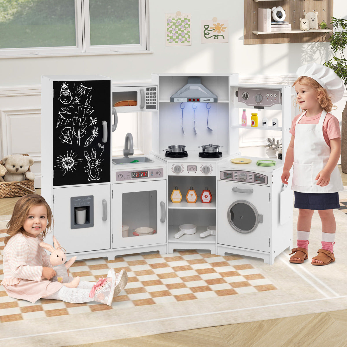Corner Wooden Play Kitchen with Lights Sounds Toy Kitchen Playset-White