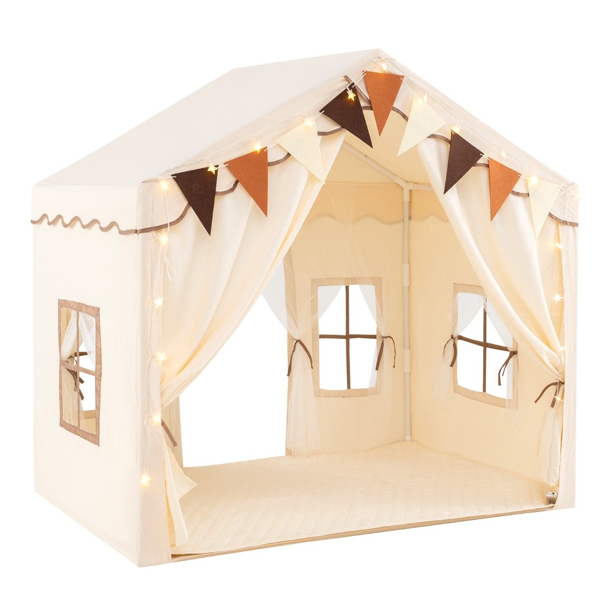 3-4 Kids Large Play Tent House with 2 Opening Doors Star Lights and Plaid Pennants-Beige
