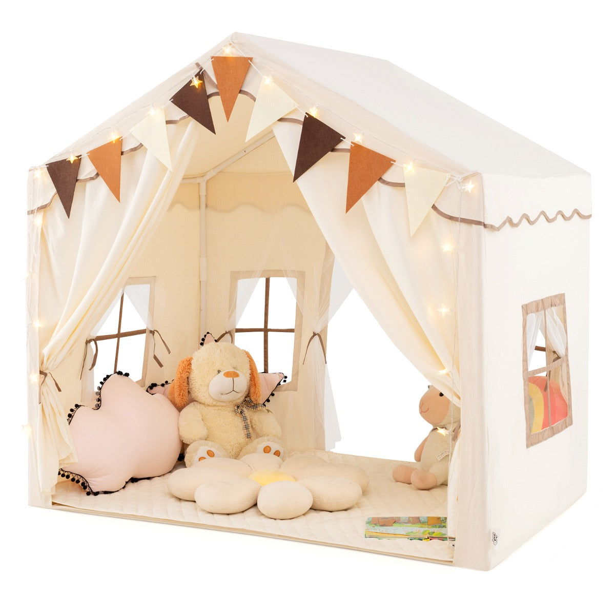 3-4 Kids Large Play Tent House with 2 Opening Doors Star Lights and Plaid Pennants-Beige