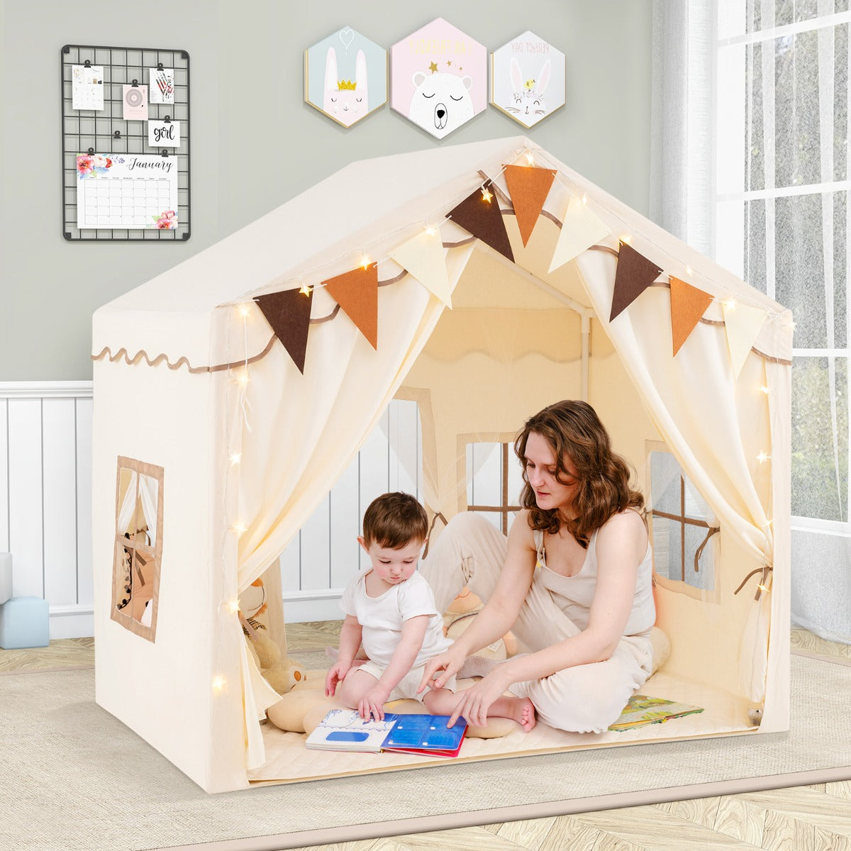 3-4 Kids Large Play Tent House with 2 Opening Doors Star Lights and Plaid Pennants-Beige