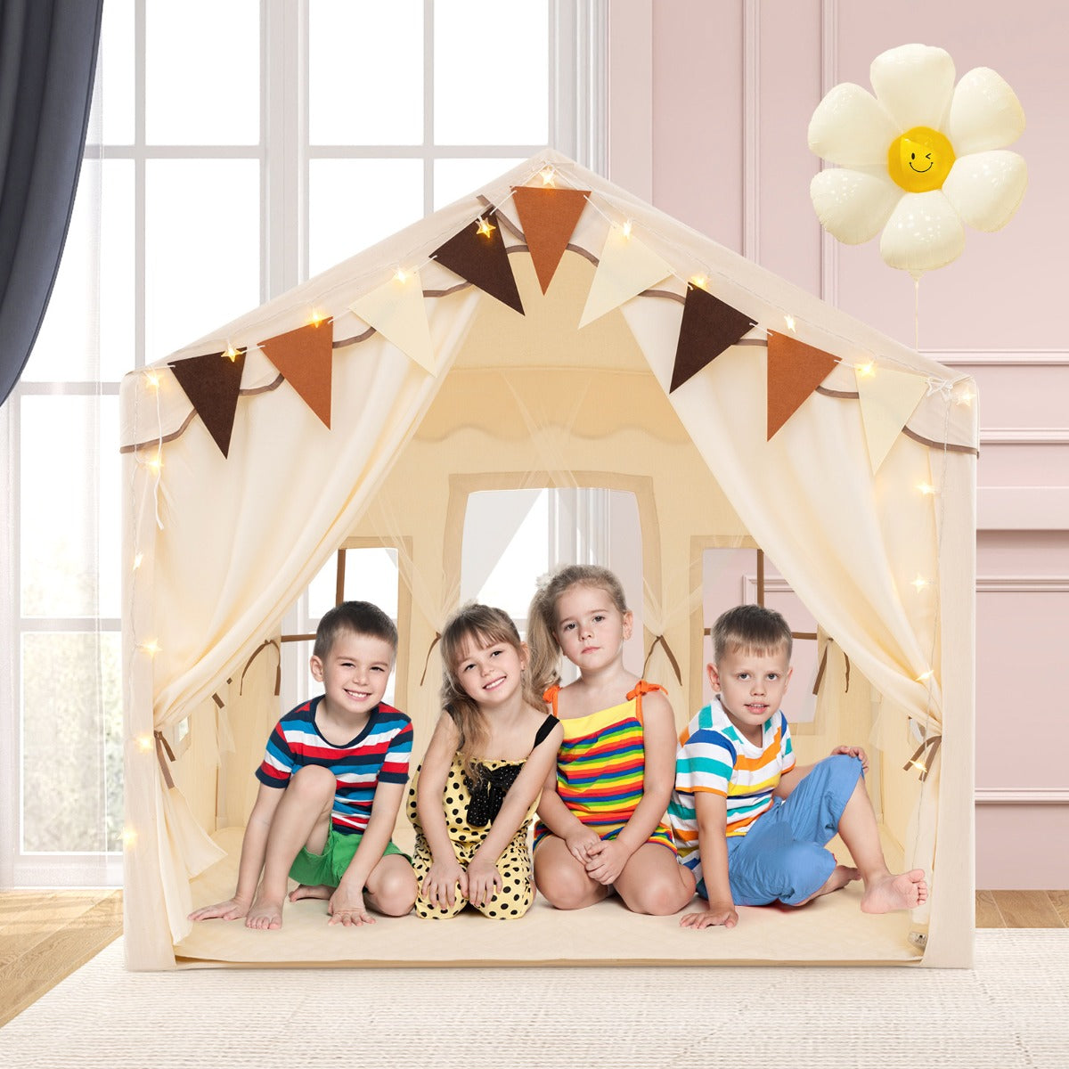 3-4 Kids Large Play Tent House with 2 Opening Doors Star Lights and Plaid Pennants-Beige
