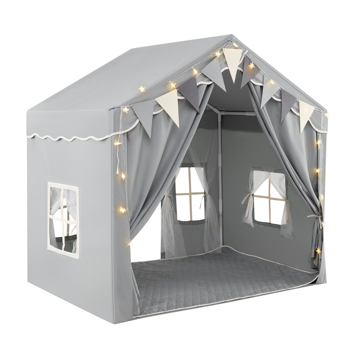 3-4 Kids Large Play Tent House with 2 Opening Doors Star Lights and Plaid Pennants-Grey