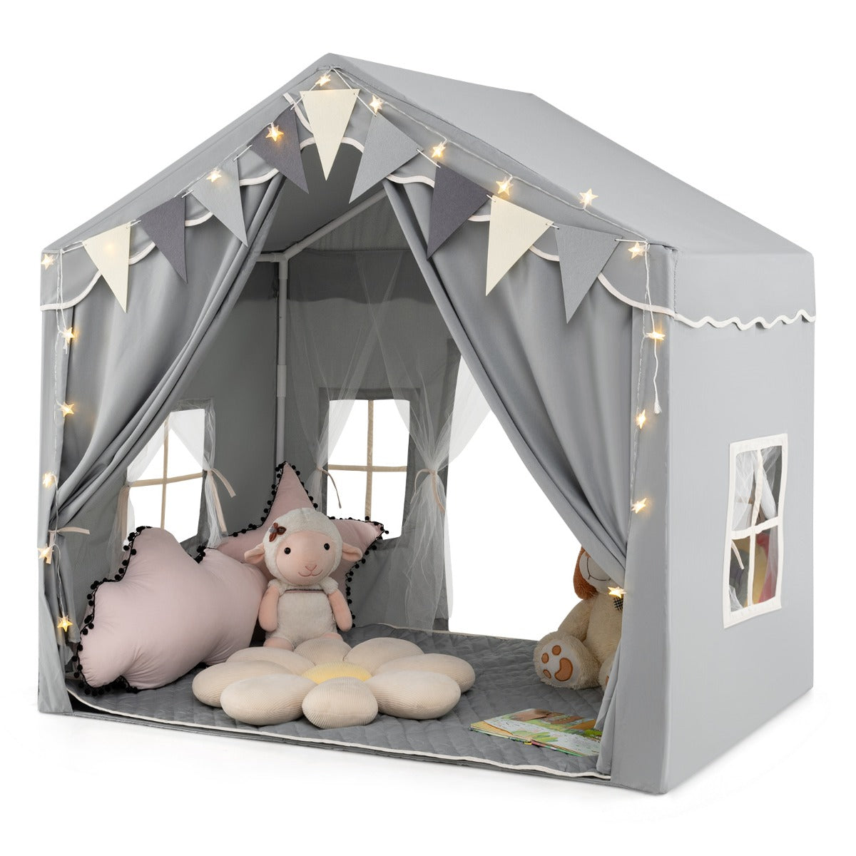 3-4 Kids Large Play Tent House with 2 Opening Doors Star Lights and Plaid Pennants-Grey