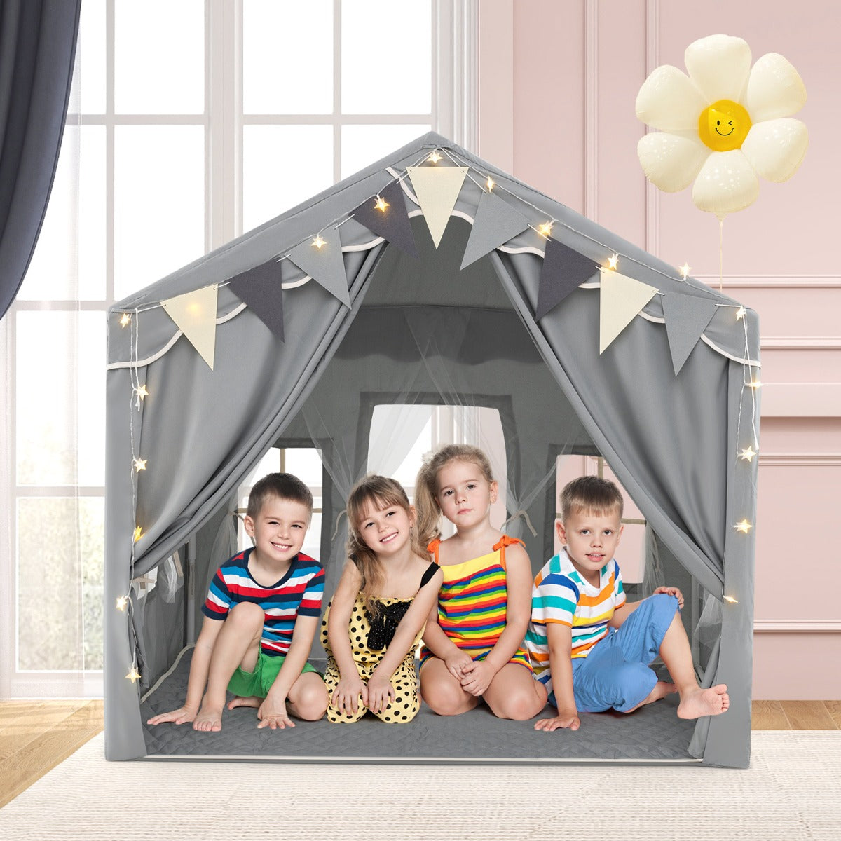 3-4 Kids Large Play Tent House with 2 Opening Doors Star Lights and Plaid Pennants-Grey