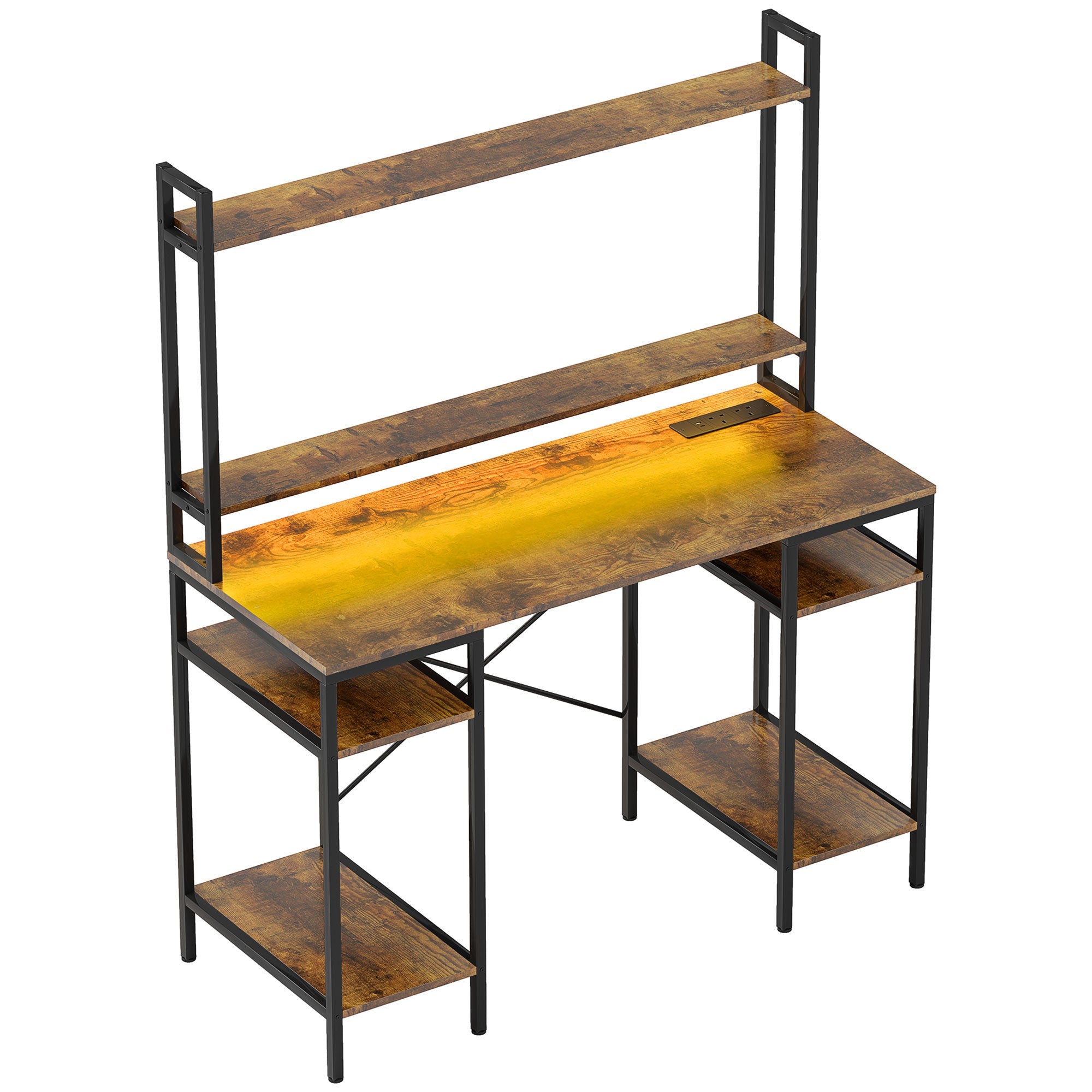 HOMCOM Computer Desk with Power Outlets and LED Lights, Home Office Desk with Monitor Stand, 2 CPU Stands and Storage Shelves, Study Table Gaming Desk with Hutch, Rustic Brown