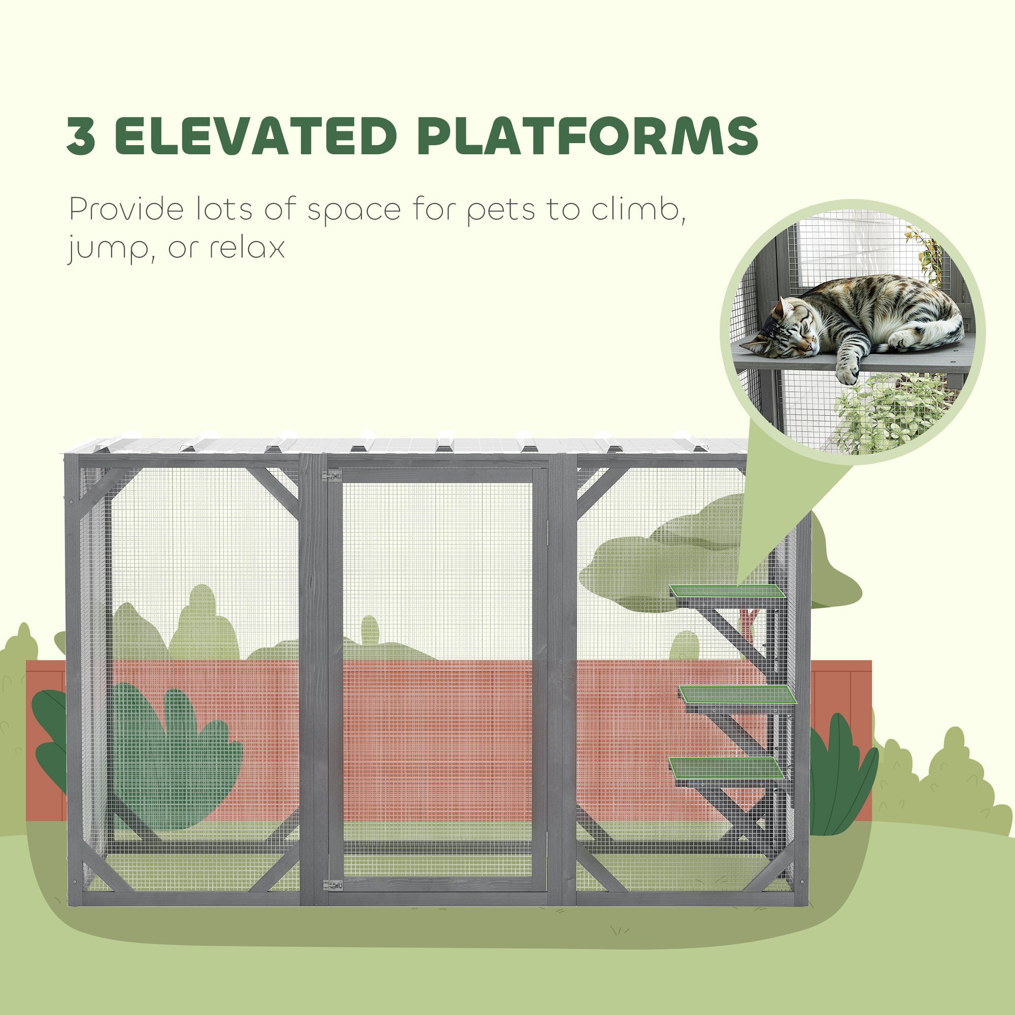 PawHut 71" Outdoor Wooden Cat House with Three Platforms, Large Door, Water-Resistant Roof, for Multiple Cats, Grey