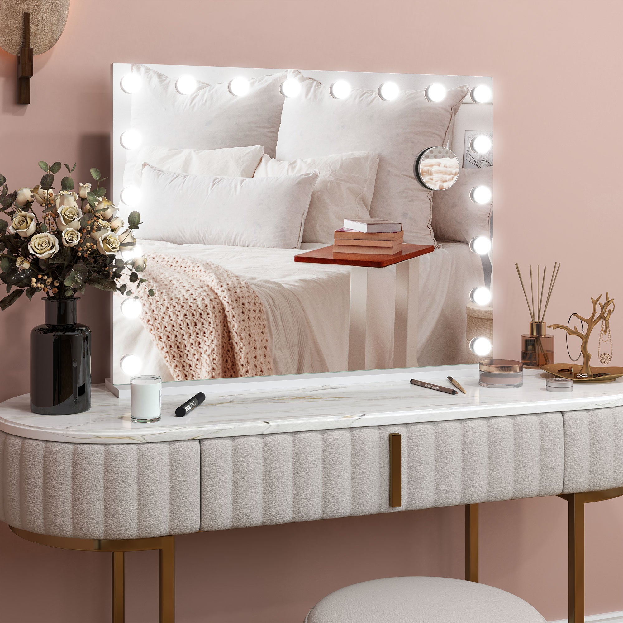 HOMCOM Hollywood Vanity Mirror with Lights, Large 80x62 cm Lighted Makeup Mirror with 3 Colour, 18 LED Bulbs, 10X Magnifying, USB Charging Port, Touch Screen, Tabletop or Wall Mounted Design, White
