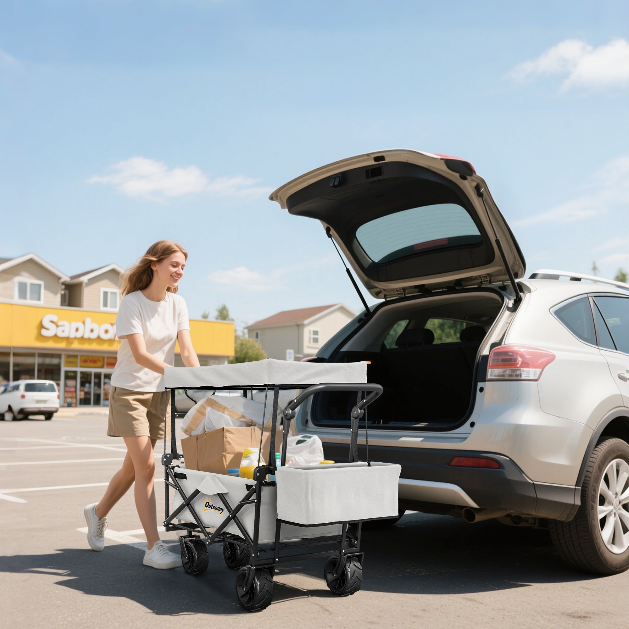 Outsunny Folding Trolley Cart Storage Wagon Beach Trailer 4 Wheels with Handle Overhead Canopy Cart Push Pull for Camping, Grey