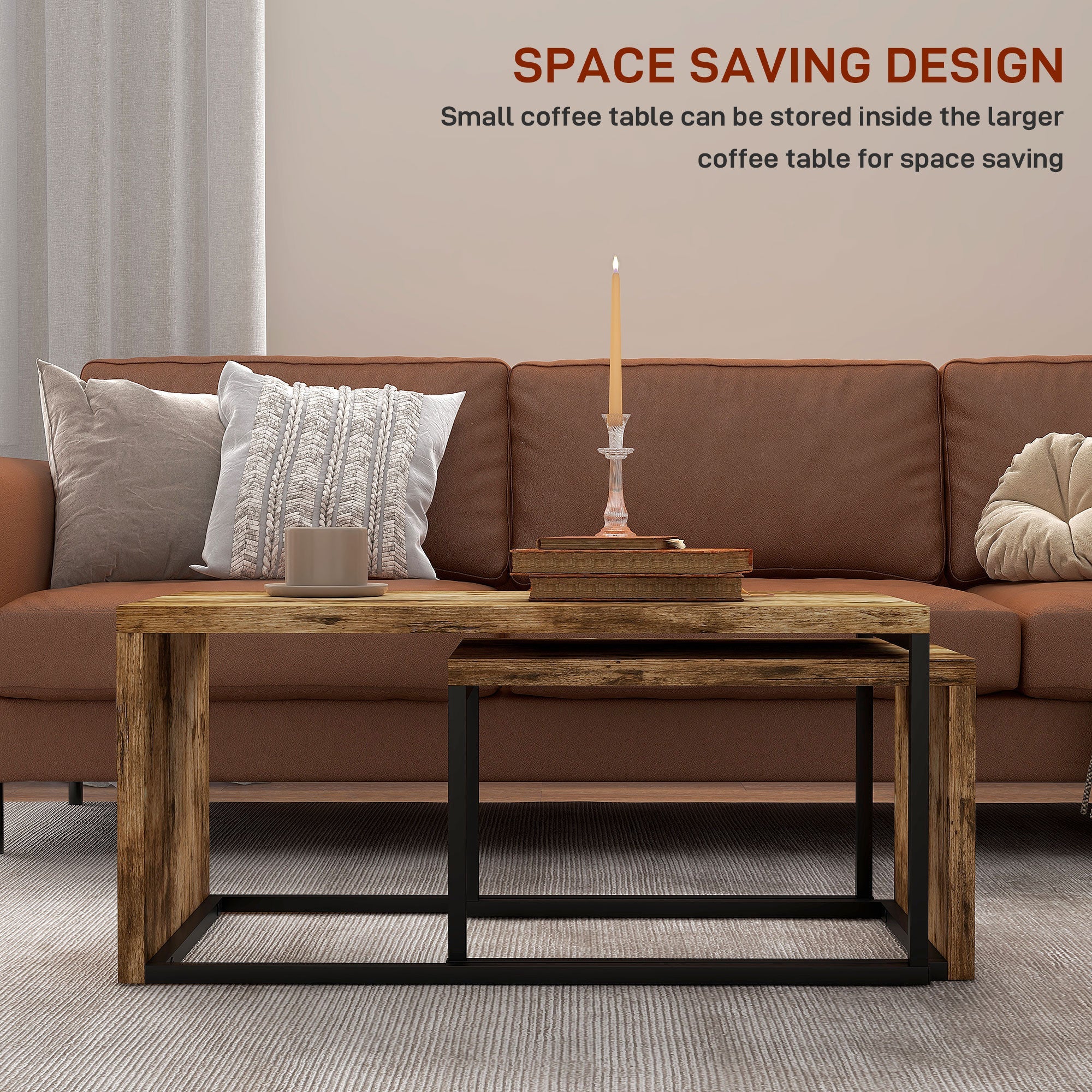 HOMCOM Coffee Tables Set of 2, Industrial Nest of Tables with Metal Frame for Living Room Bedroom, Rustic Brown