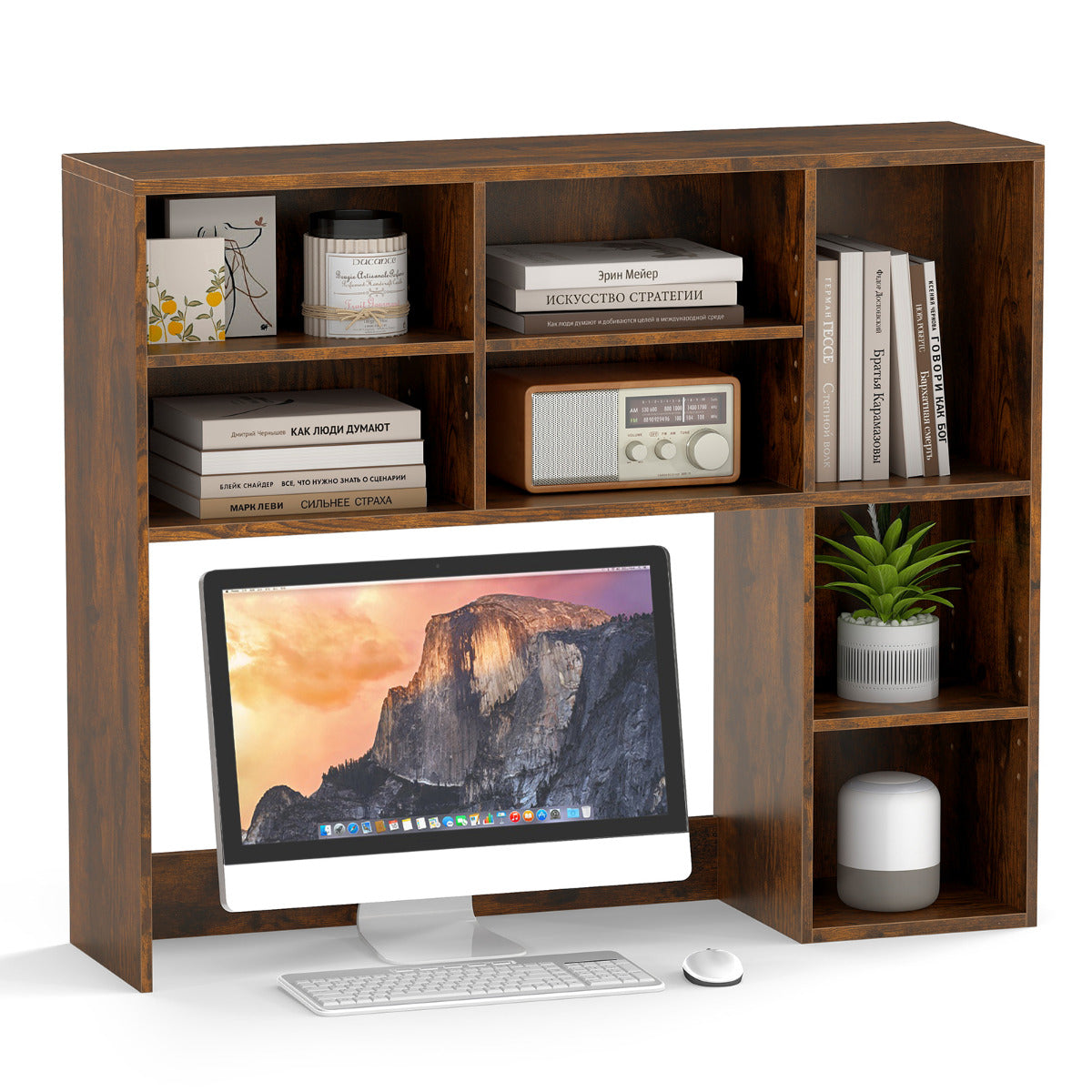 Desktop Bookshelf with 3 Adjustable Shelves and Open Compartment-Rustic Brown