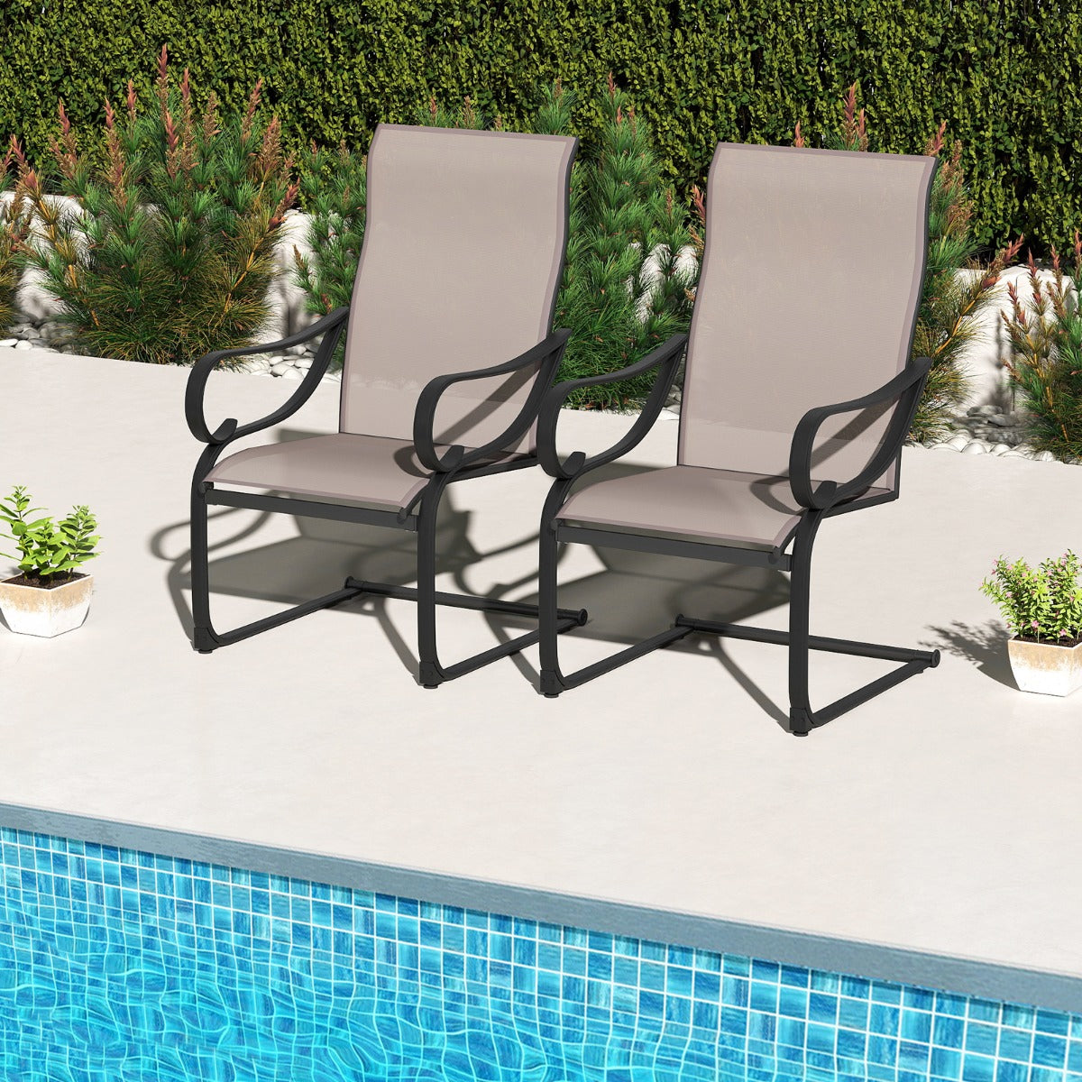 Patio Outdoor C-Spring Dining High-Back Chairs Set of 2-Grey