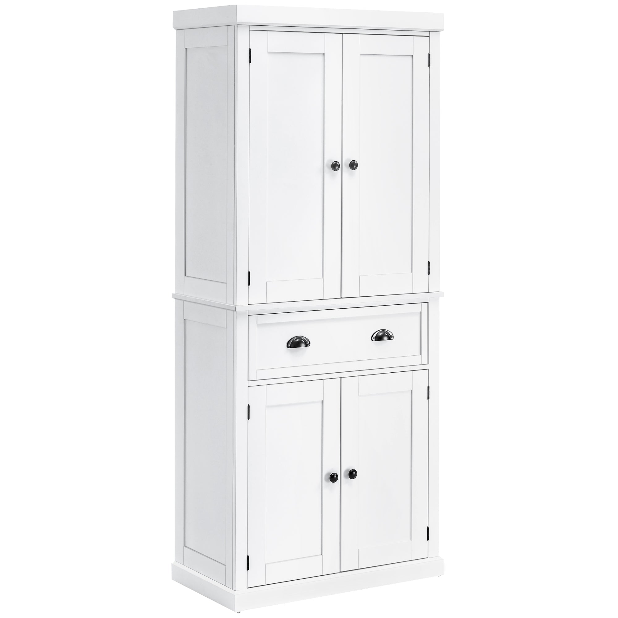 HOMCOM Freestanding Kitchen Cupboard, 184cm Tall Storage Cabinet with Doors and Shelves, Traditional Colonial 4-Door Kitchen Pantry Cupboard with Drawer, White