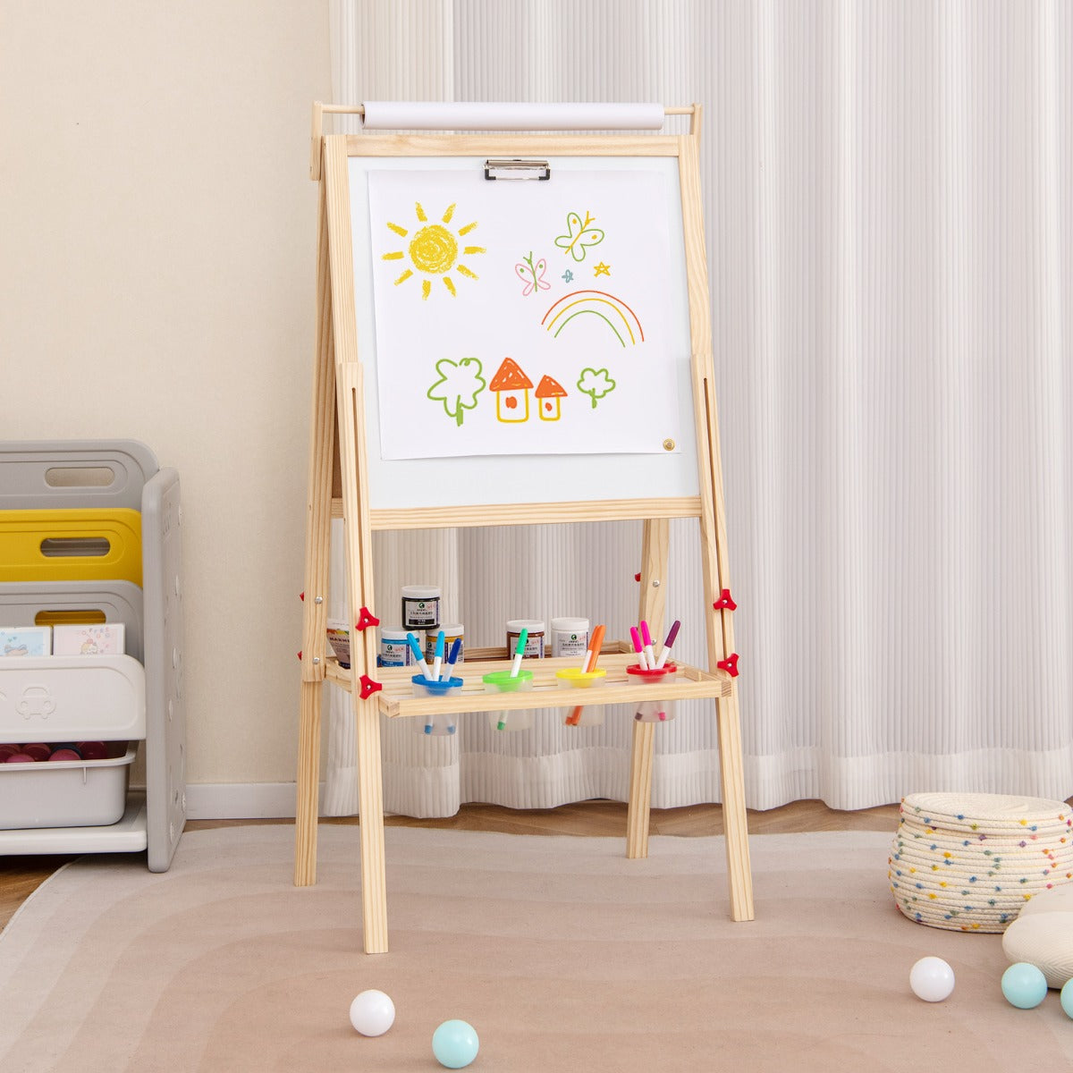Double-sided Height Adjustable Wooden Art Easel for 3-10 Yeas Old-Natural