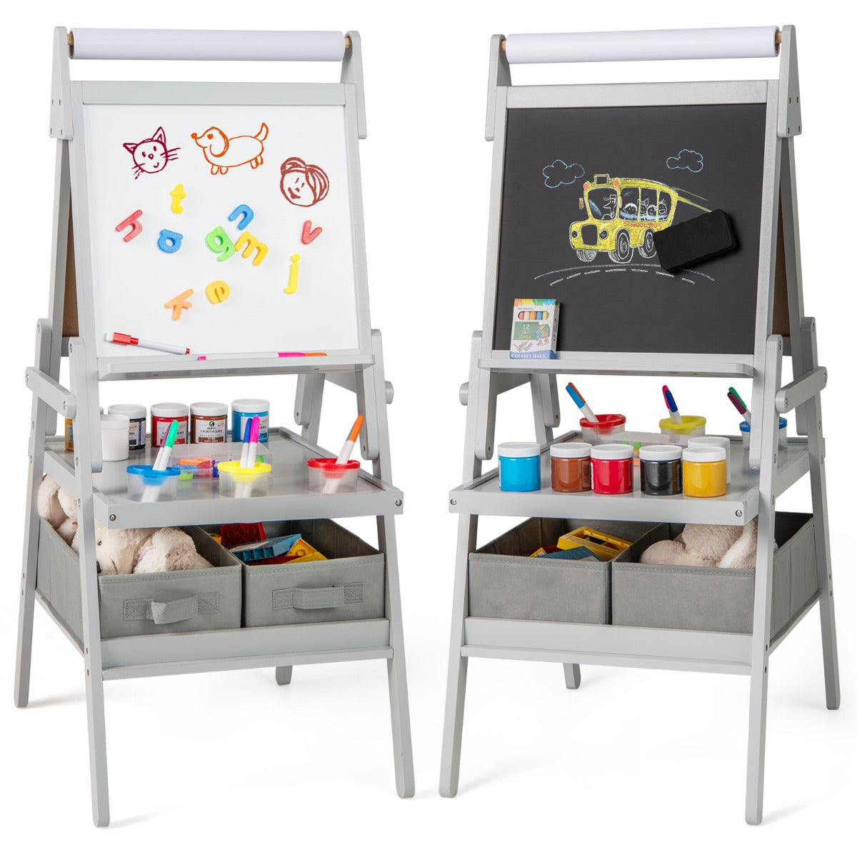 Double-sided Kids Easel with Magnetic Whiteboard and Chalkboard-Grey