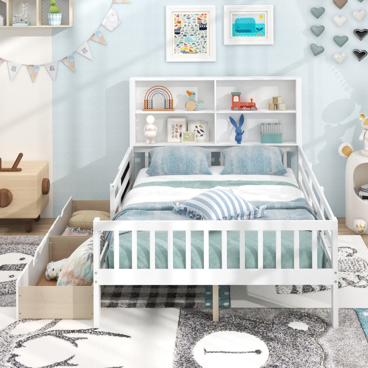 Single/Double Size Bed Frame with 2 Storage Drawers White-Double Size