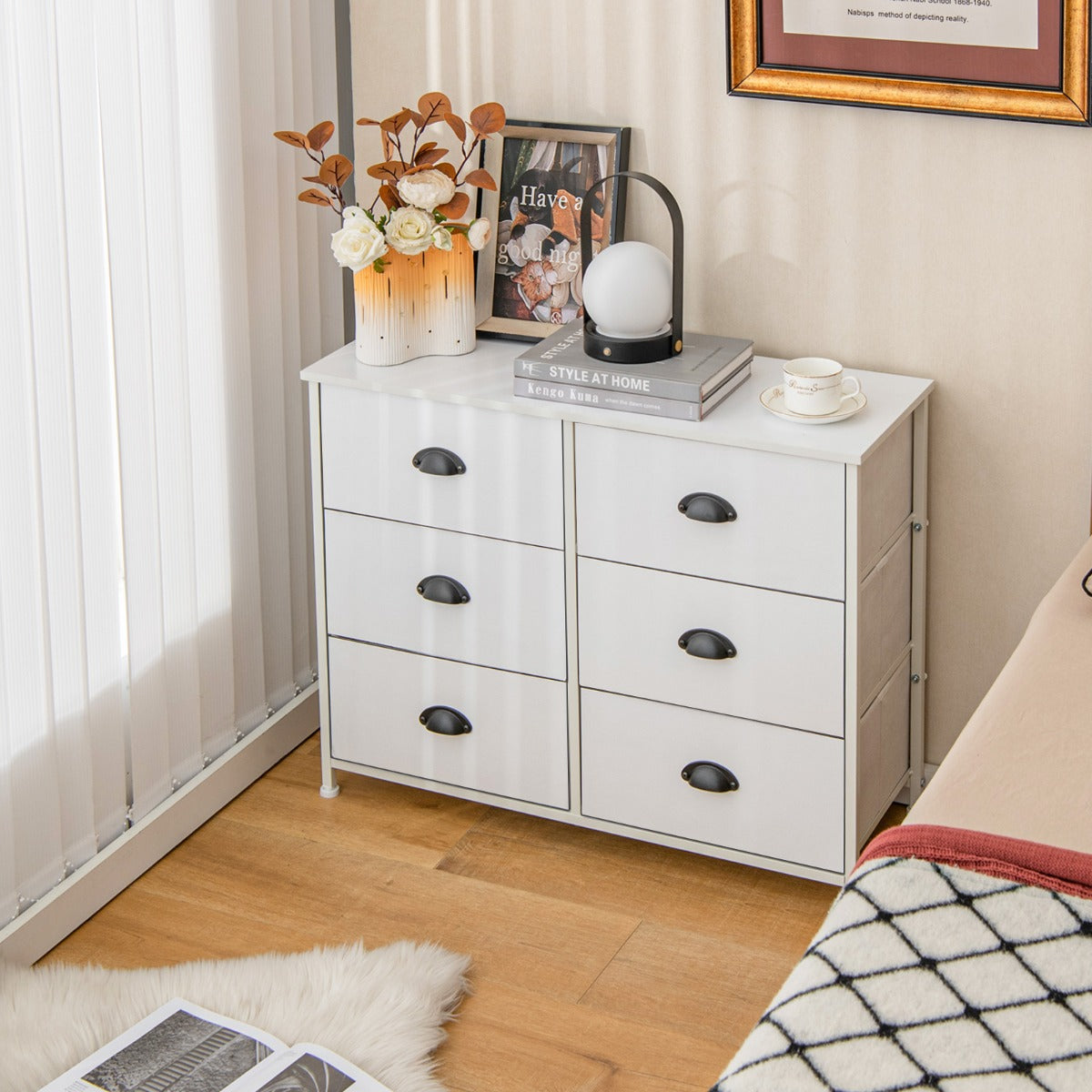 Dresser with 6 Foldable Fabric Drawers Living Room Bedroom-White