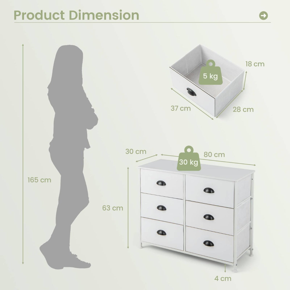 Dresser with 6 Foldable Fabric Drawers Living Room Bedroom-White