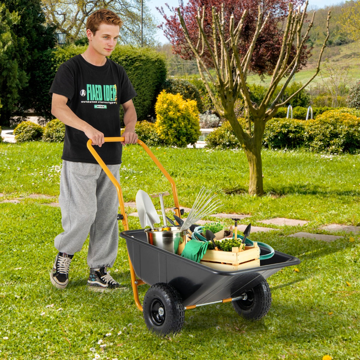 Heavy-Duty Garden Utility Cart with Pneumatic Tires-Black