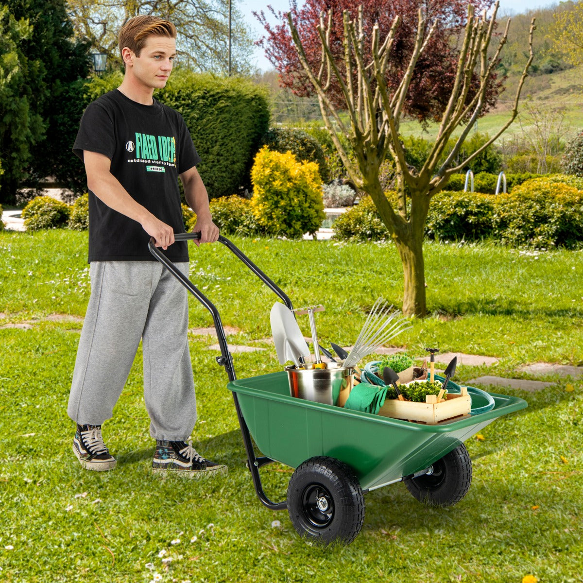 Heavy-Duty Garden Utility Cart with Pneumatic Tires-Green