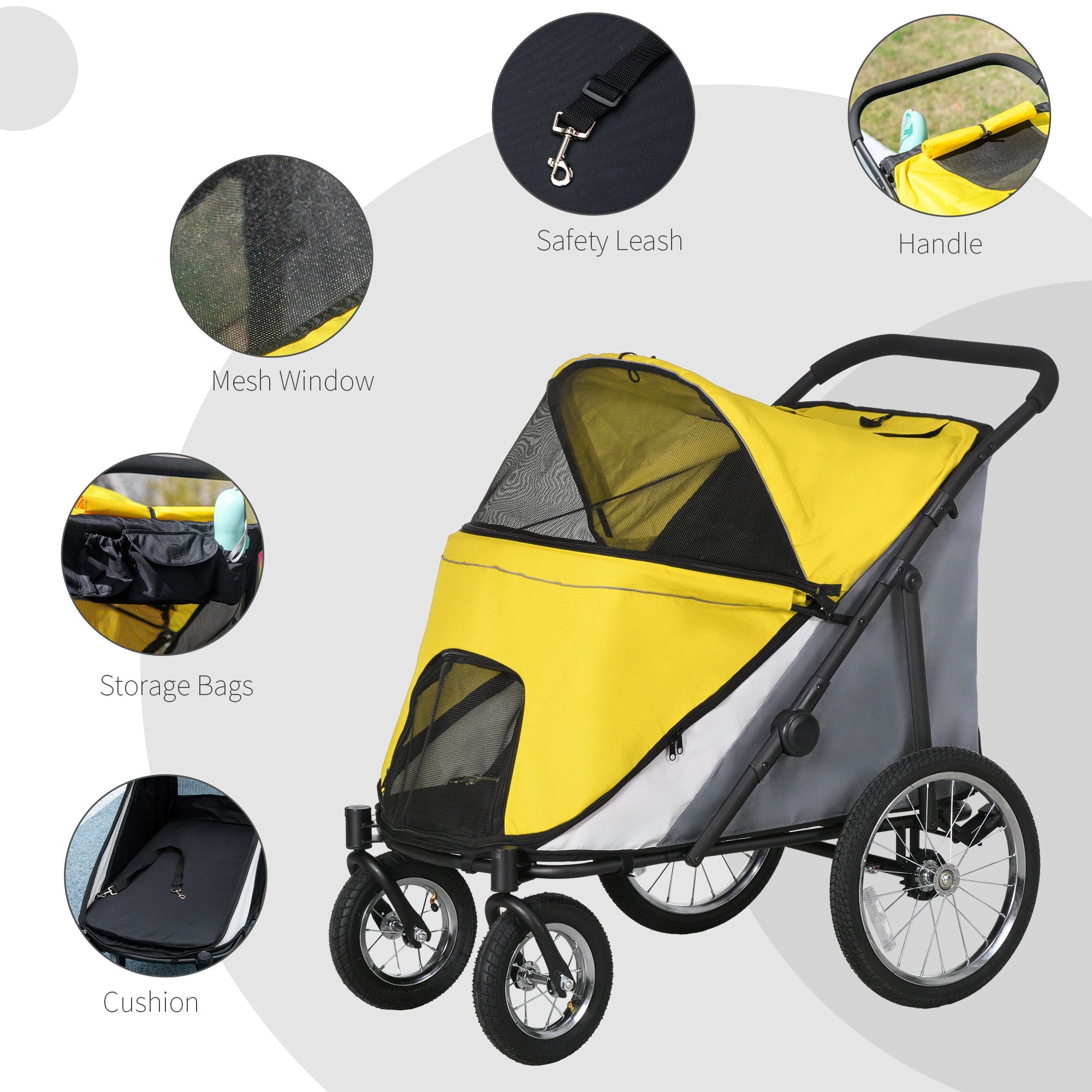 PawHut Foldable Pet Stroller, with Washable Cushion, Storage Bags, Safety Leash, for Medium, Large Dogs, Cats - Yellow