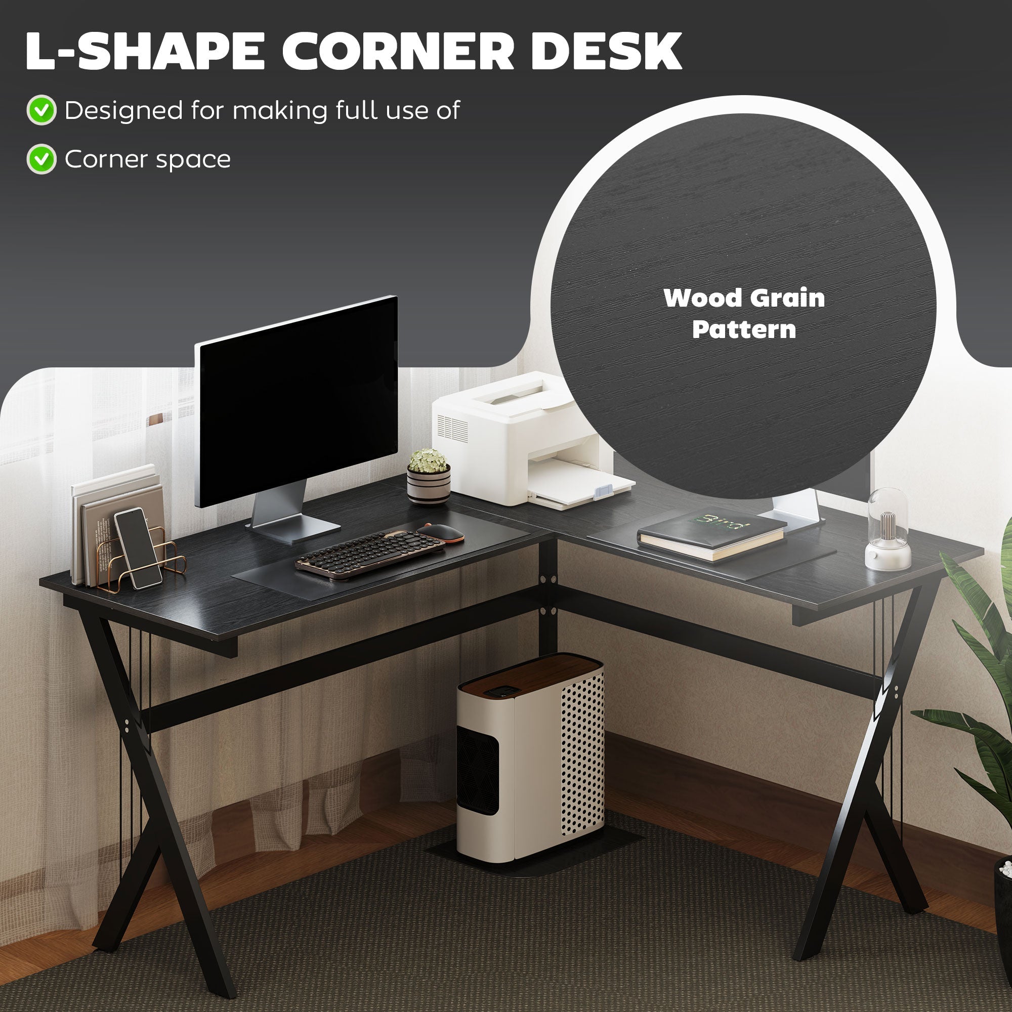 HOMCOM L Shaped Gaming Desk, 155 x 130cm Corner Computer Desk with CPU Stand for Home Office, Study Workstation, Black