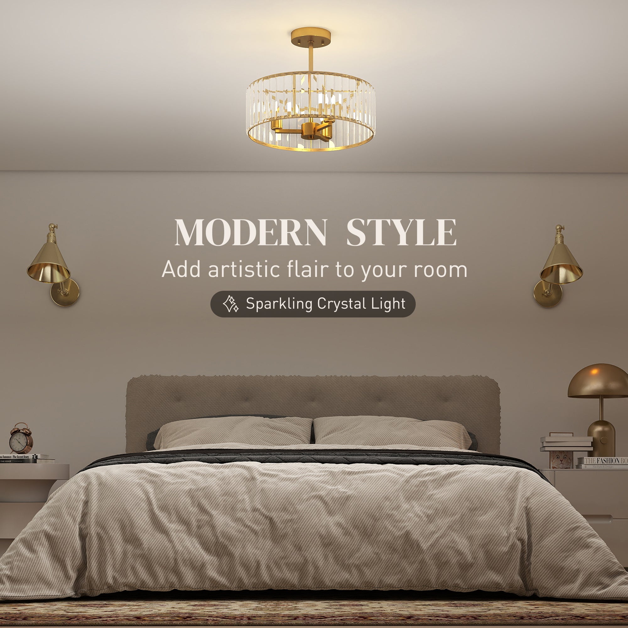 HOMCOM Crystal Ceiling Light Fixture, Semi Flush Mount Modern Crystal Chandelier Ceiling Light for Living Room, Bedroom, Hallway, Dining Room, E14 Base 3-Lights, Gold Tone