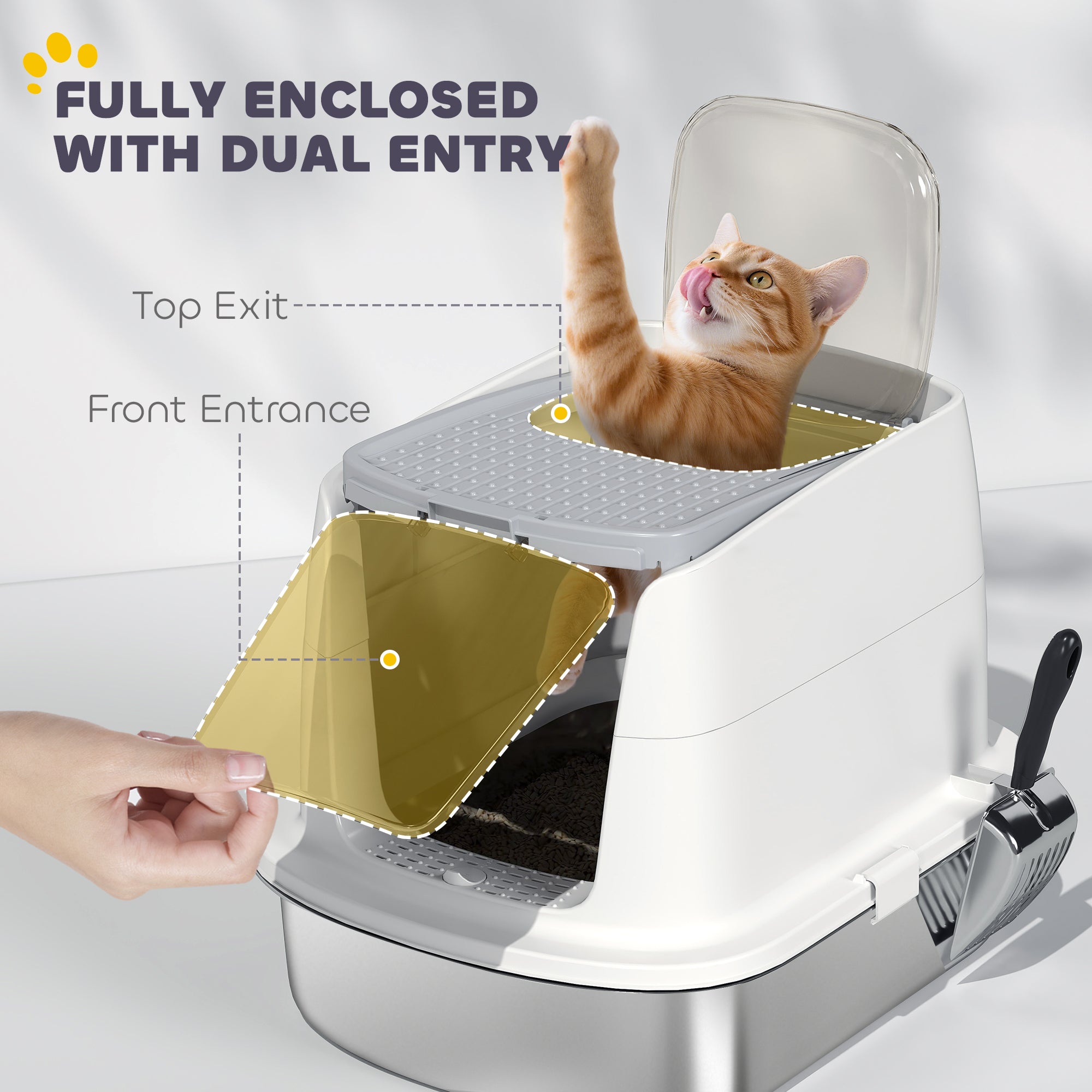 PawHut Large Stainless Steel Litter Box, Enclosed Metal Cat Litter Tray with Scoop, Deodoriser Bag, Front-Entry and Top-Exit