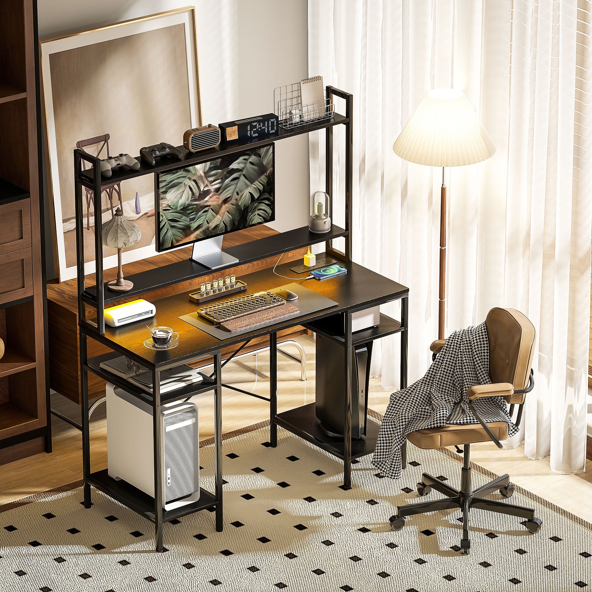 HOMCOM Computer Desk with Power Outlets and LED Lights, Home Office Desk with Monitor Stand, 2 CPU Stands and Storage Shelves, Study Table Gaming Desk with Hutch, Black