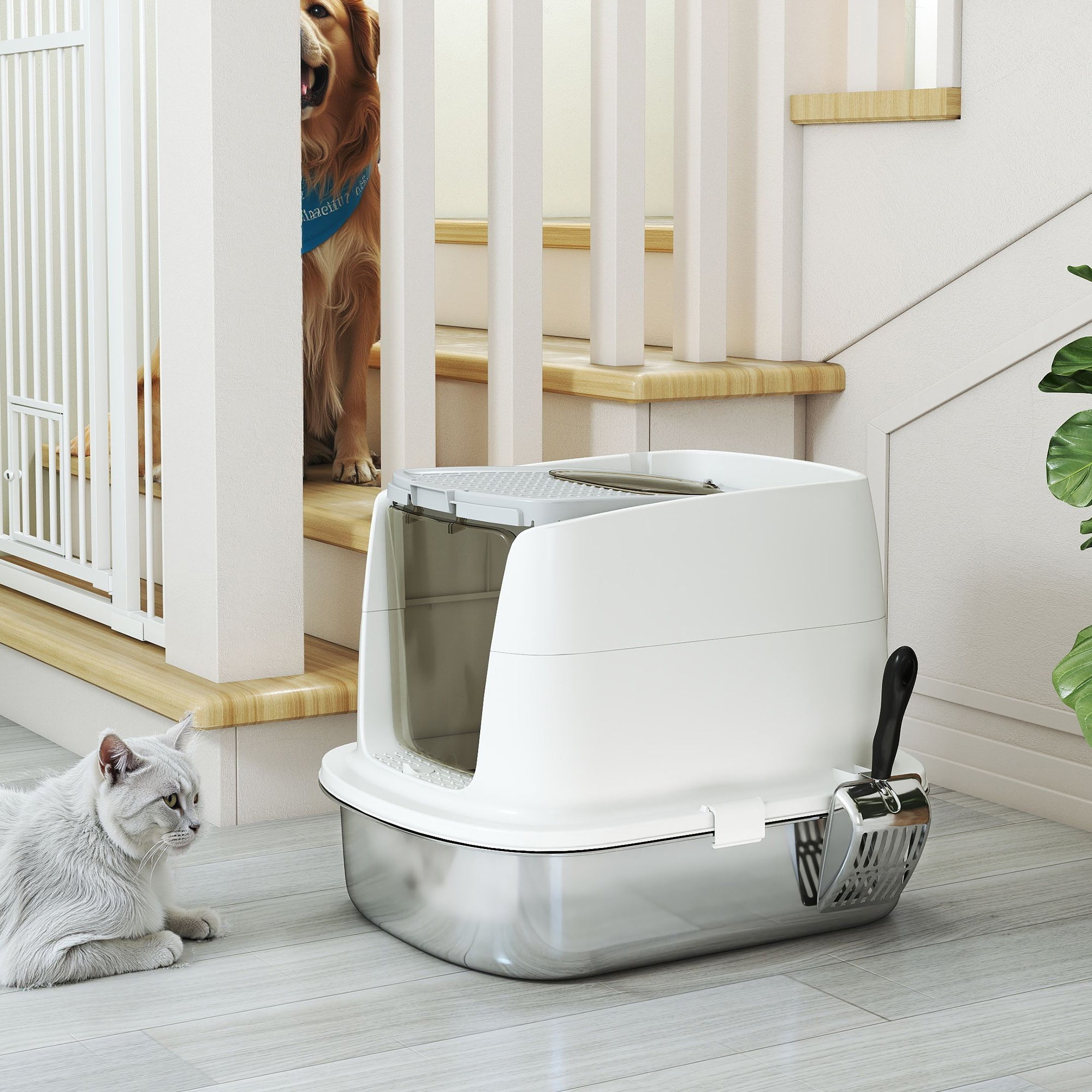 PawHut Large Stainless Steel Litter Box, Enclosed Metal Cat Litter Tray with Scoop, Deodoriser Bag, Front-Entry and Top-Exit