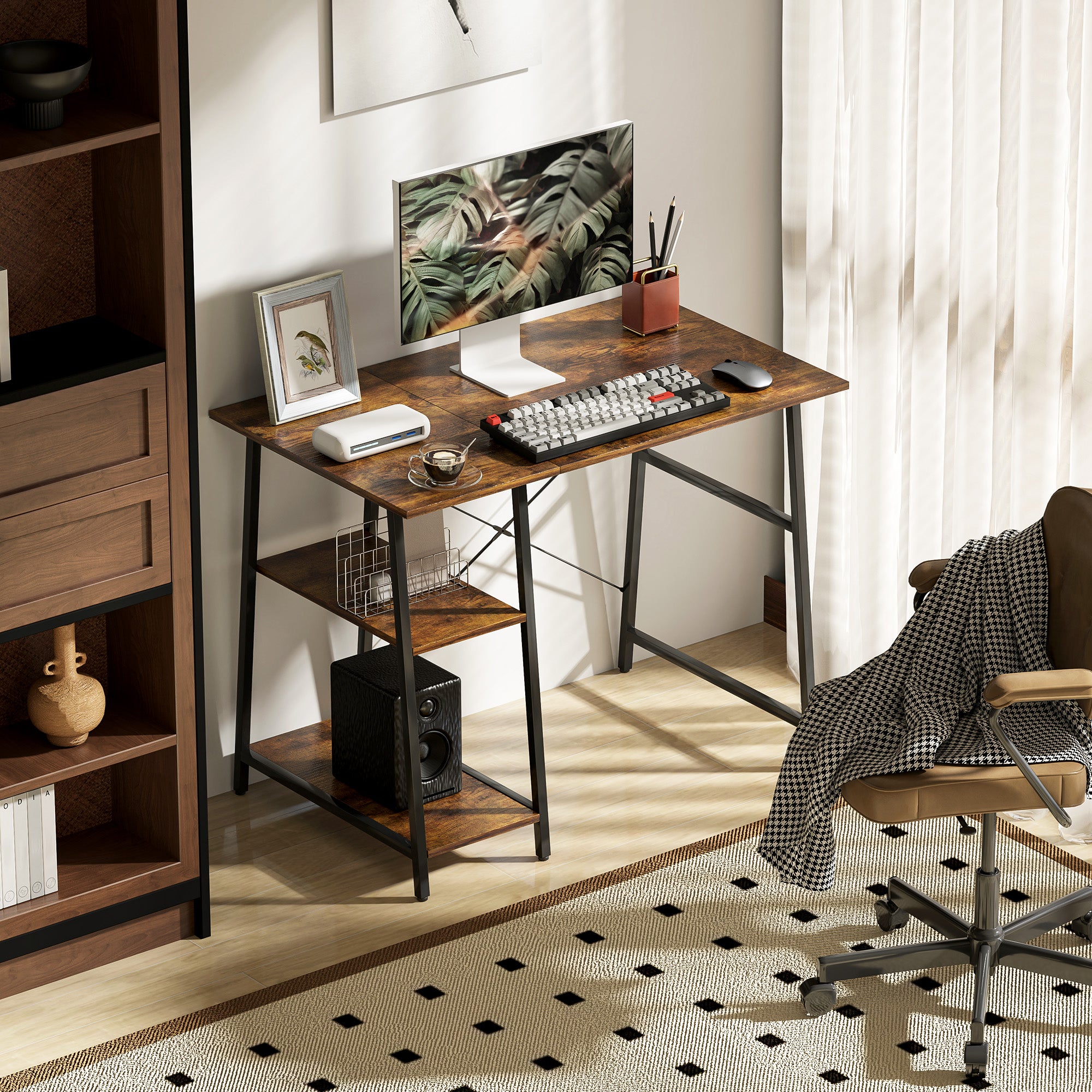 HOMCOM 100cm Computer Desk with Storage, Industrial Home Office Desk with 2 Tier Shelves and Steel Frame, Computer Table for Study Room, Rustic Brown