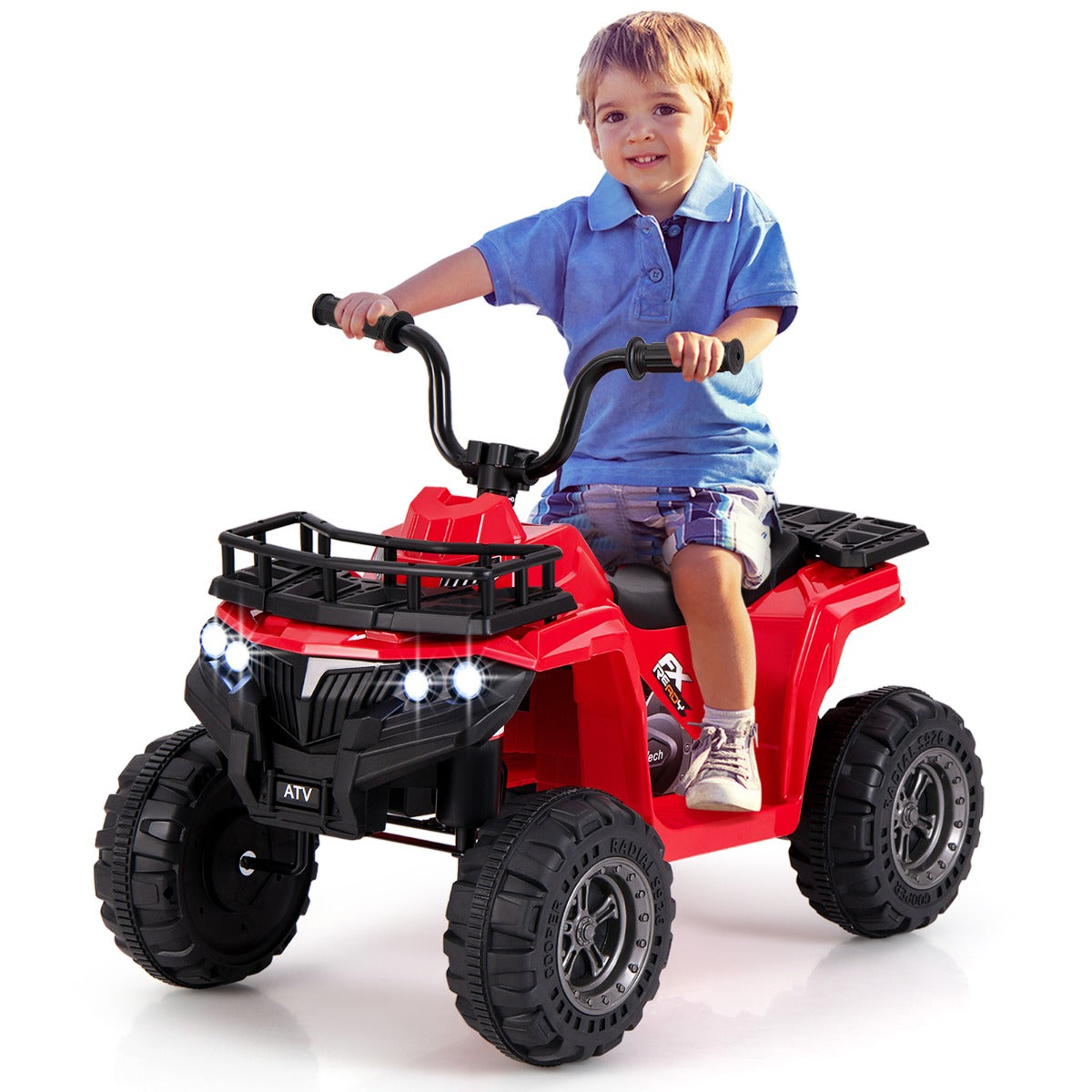 6V 4-Wheeler Quad Car with One-Button Start and Tread Tires-Red