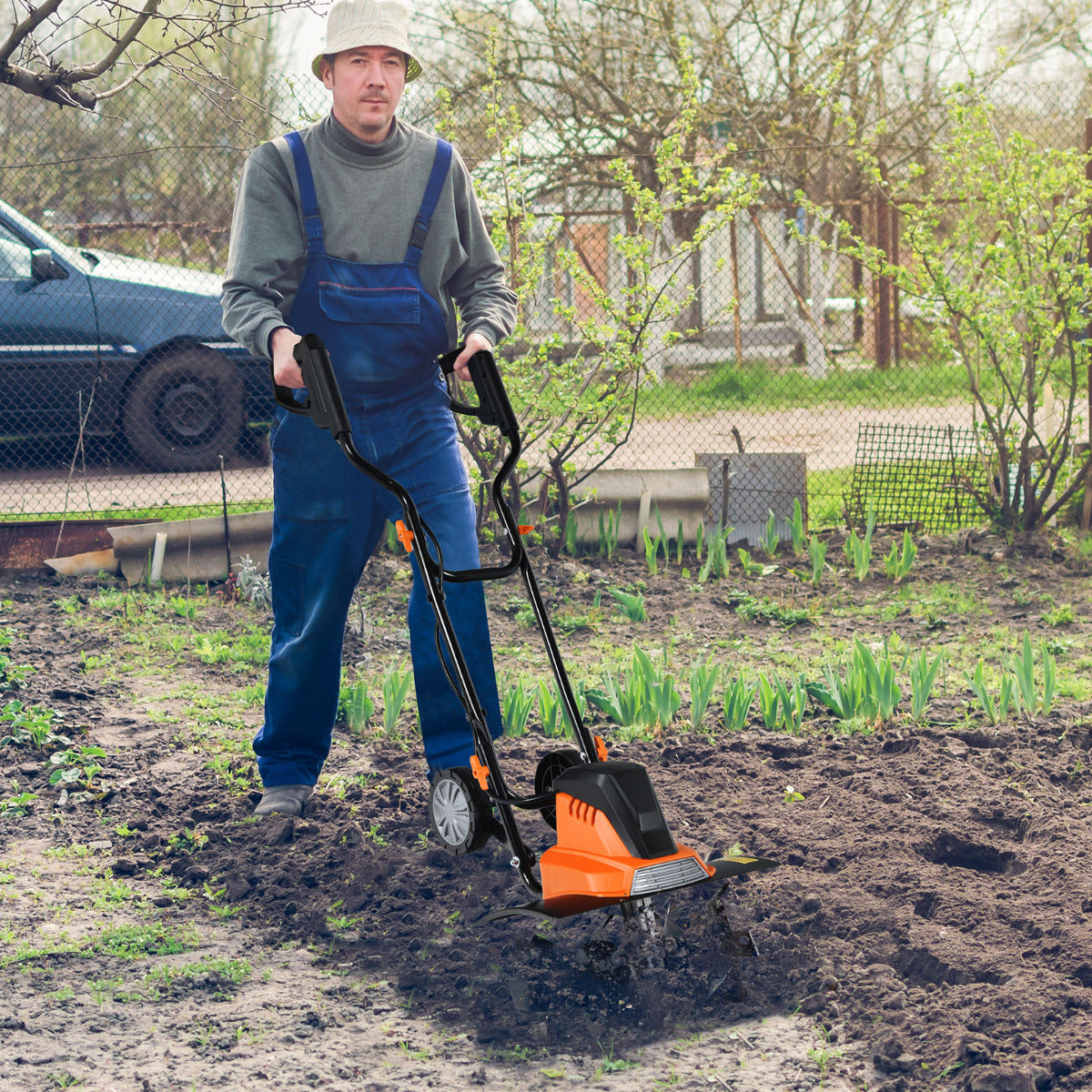 Electric Tiller and Cultivator with Foldable Handle and Adjustable Wheels-Orange