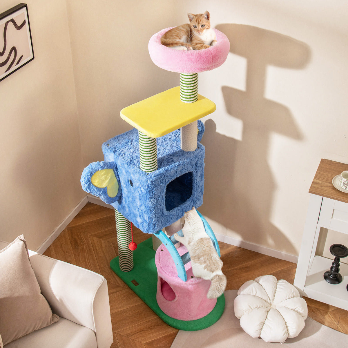 Elephant Themed Cat Tree for Cats with Condos and Padded Perch-Colourful