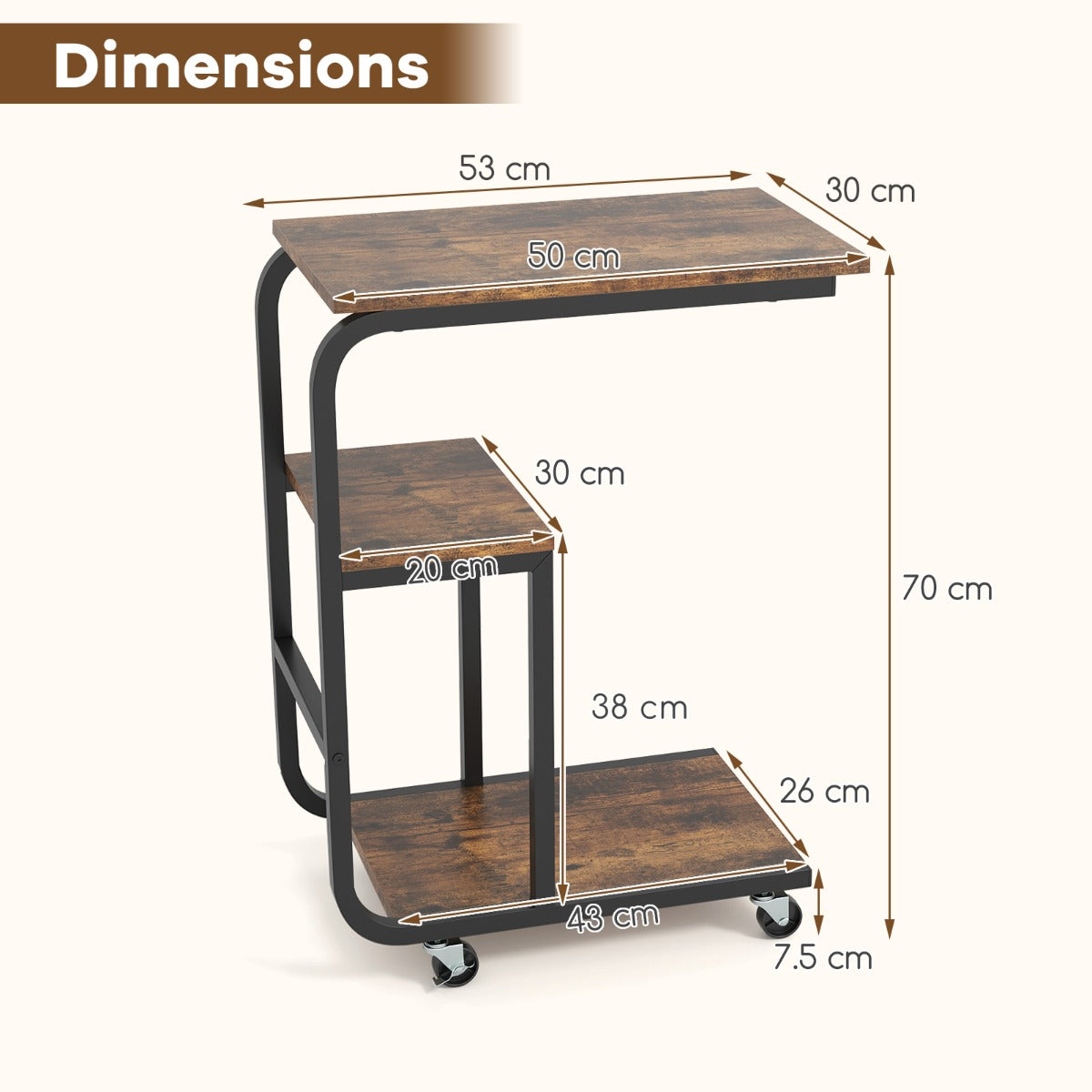 C-shaped End Table Space-saving Couch Table with Open Shelves-Rustic Brown