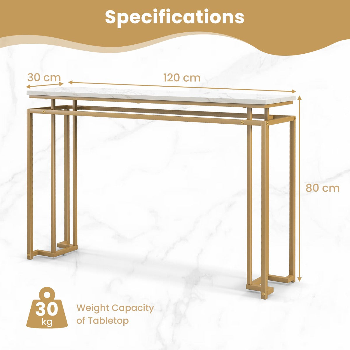 Gold Console Table with Faux Marble Tabletop and Geometric Metal Frame-White