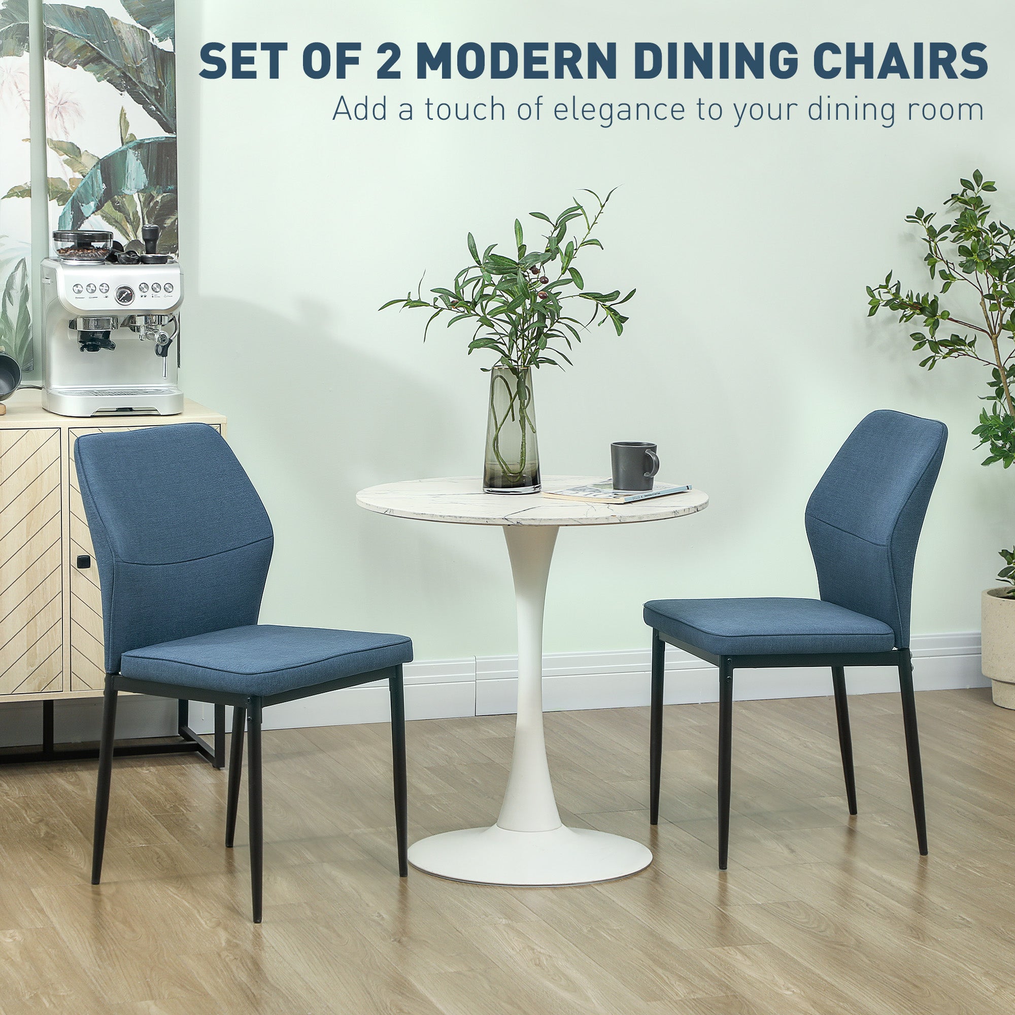 HOMCOM Velvet Dining Chairs Set of 2, Modern Upholstered Kitchen Chairs with Metal Legs, Curved Back and Padded Seat, Armless Side Chairs for Dining Room, Bedroom, Living Room, Blue